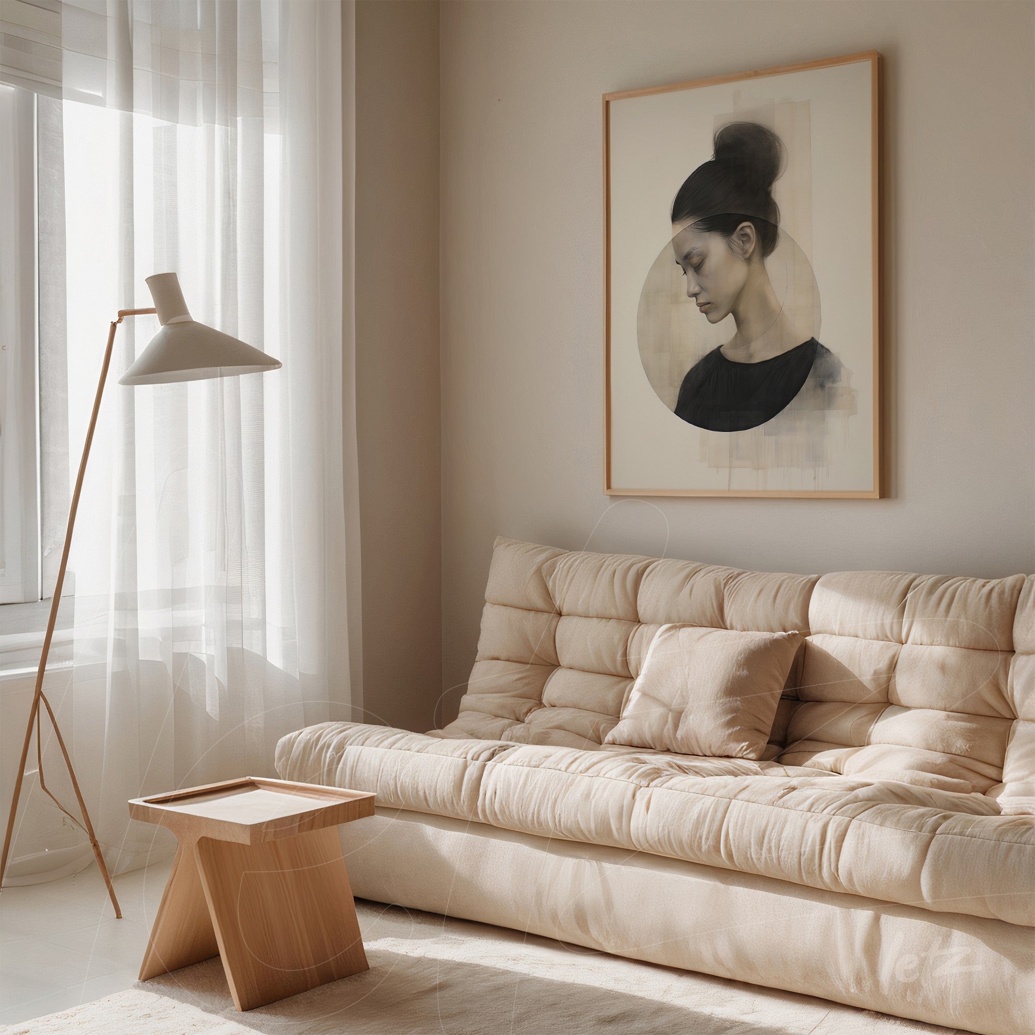 framed art depicting the profile of a woman with a bun in a cozy minimalist setting