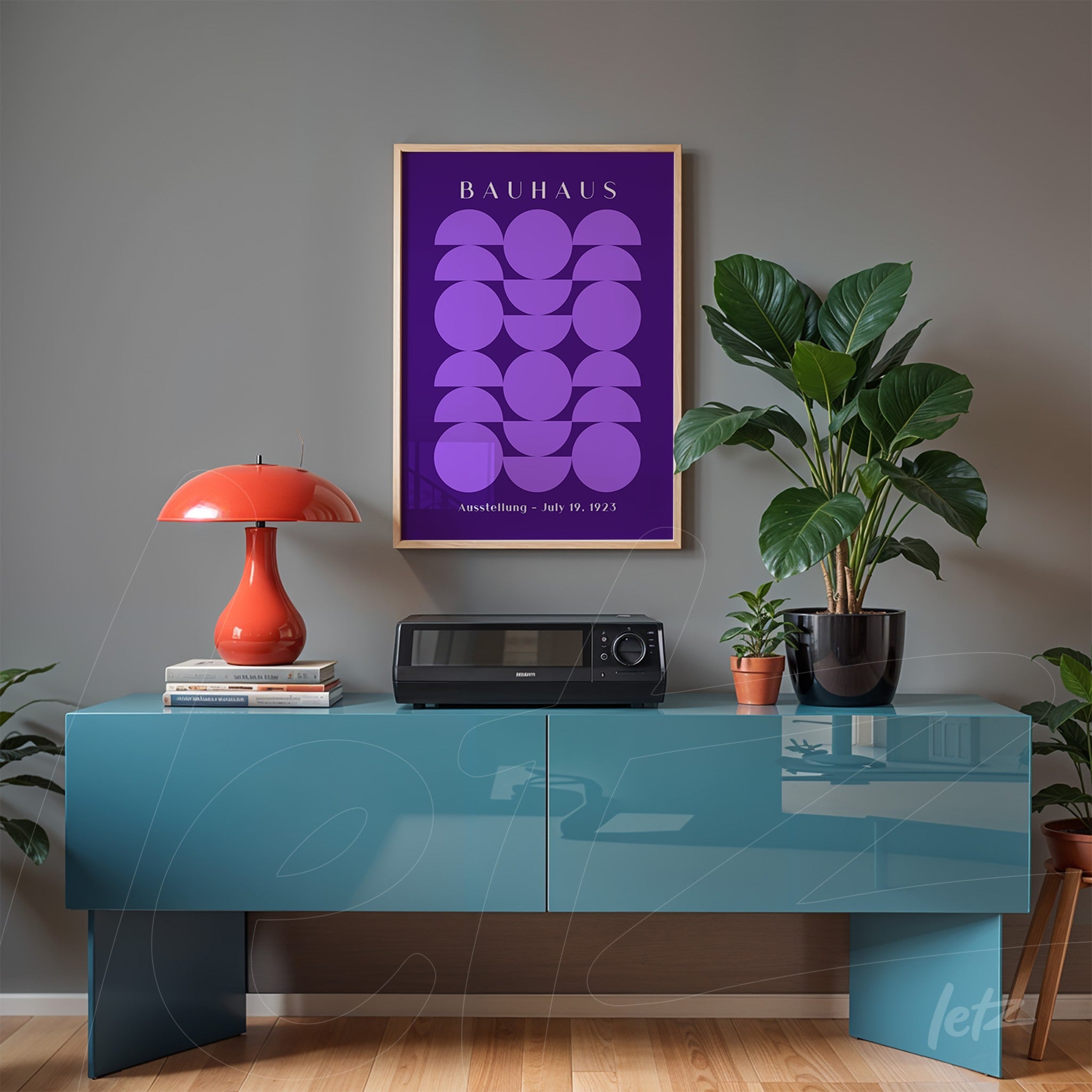 bauhaus style poster print featuring purple geometric shapes in light wood frame, displayed on gray wall