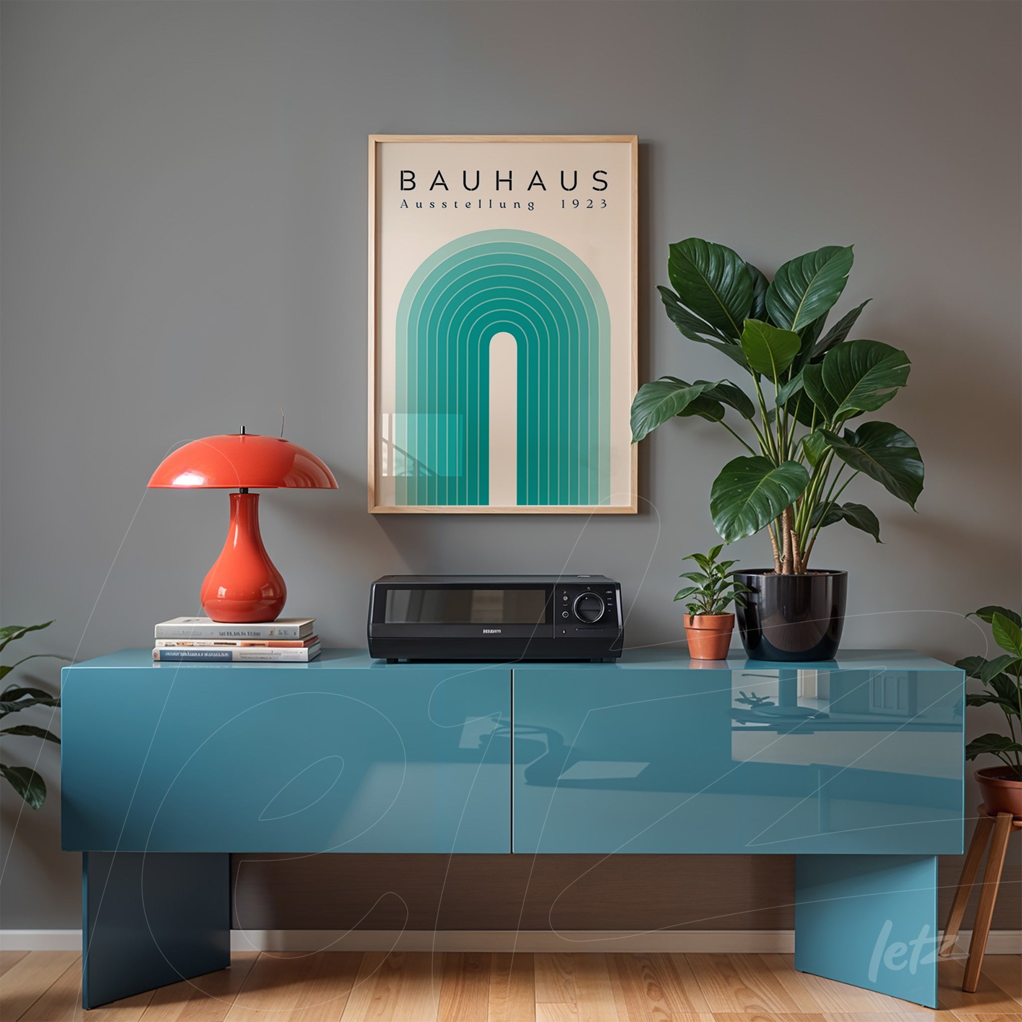 poster print of geometric art in Bauhaus style with light wood frame, displayed on gray wall
