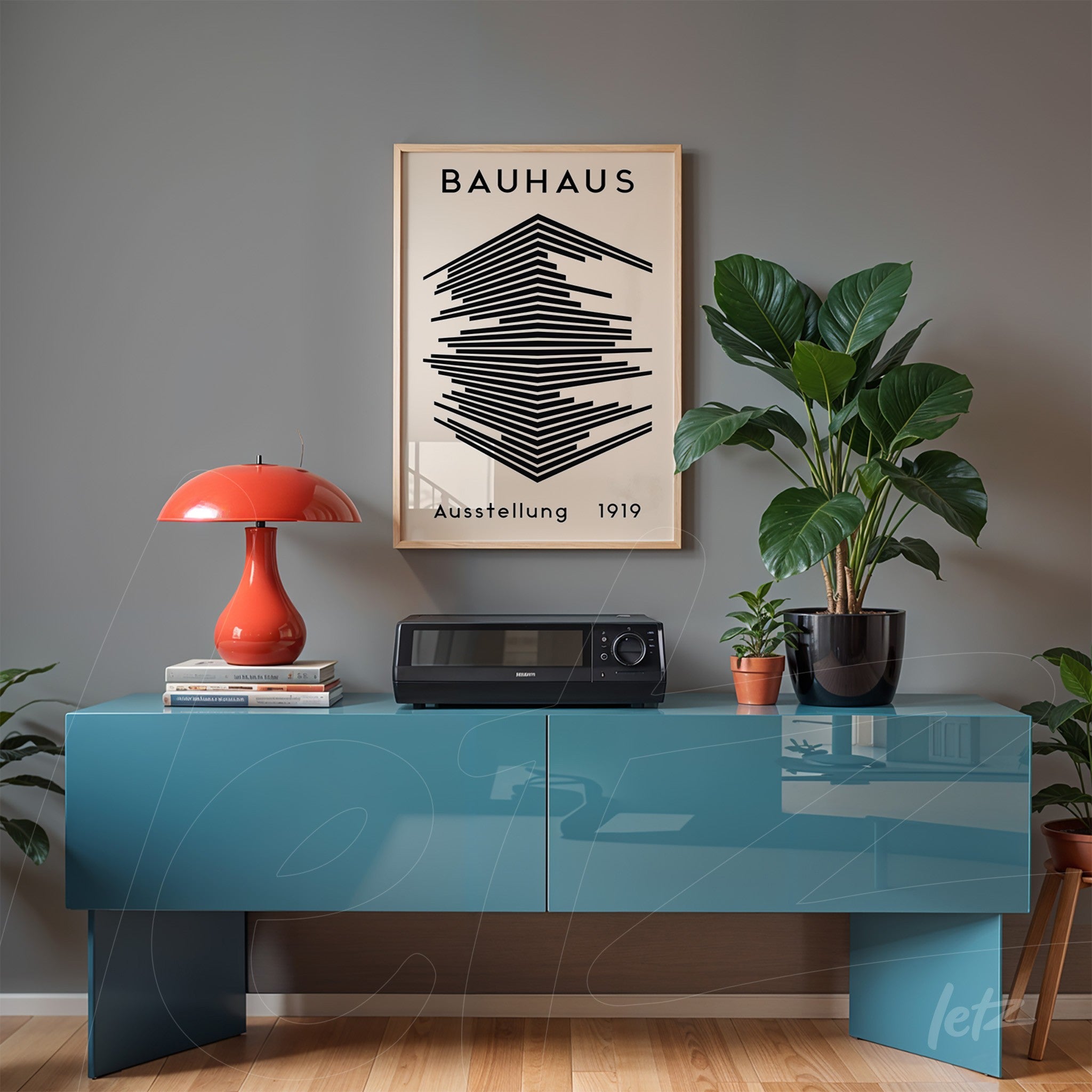 poster featuring bauhaus style illustration of black and white geometric shapes in light wood frame against a gray wall