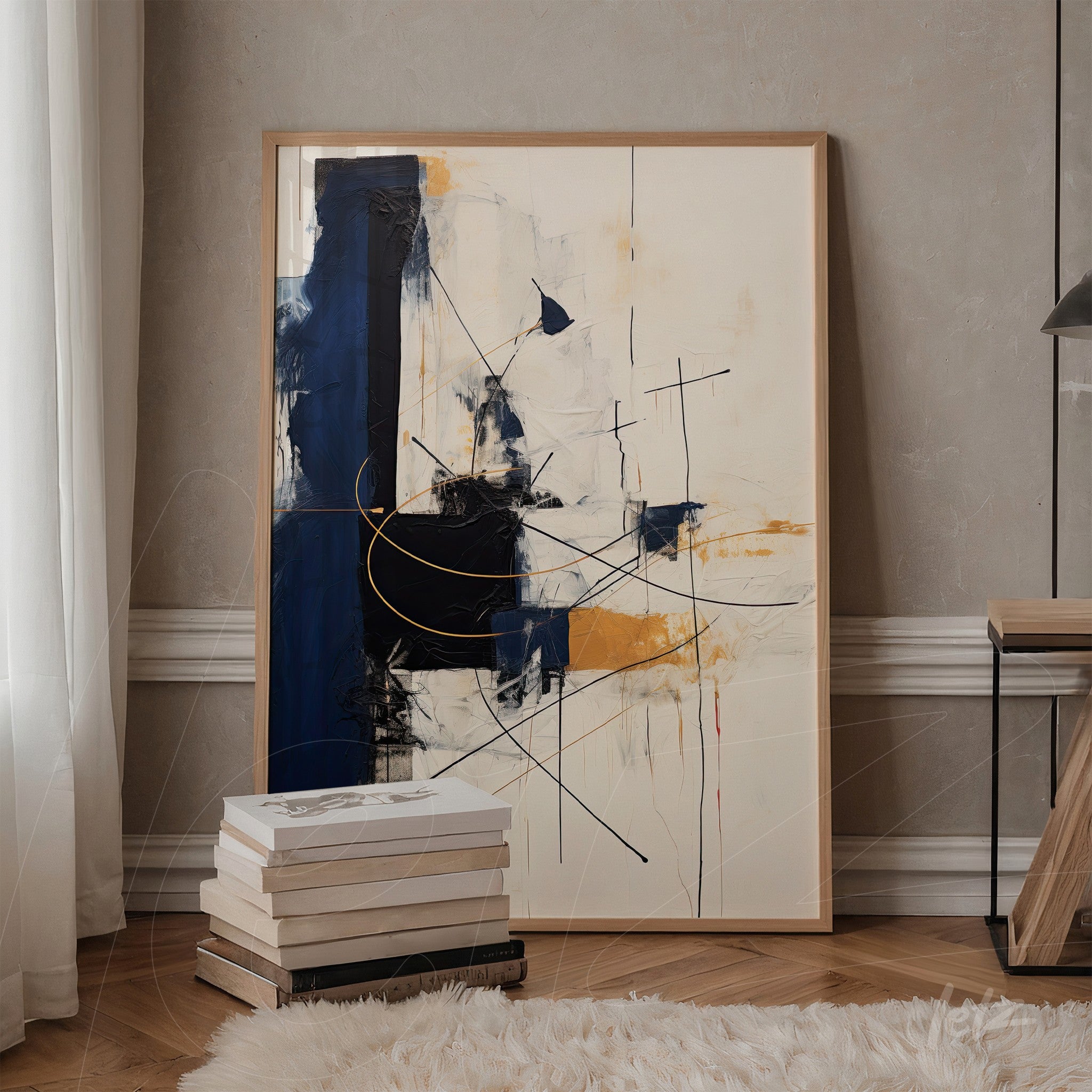 abstract wall art in blue and yellow tones with light frame displayed against a neutral wall