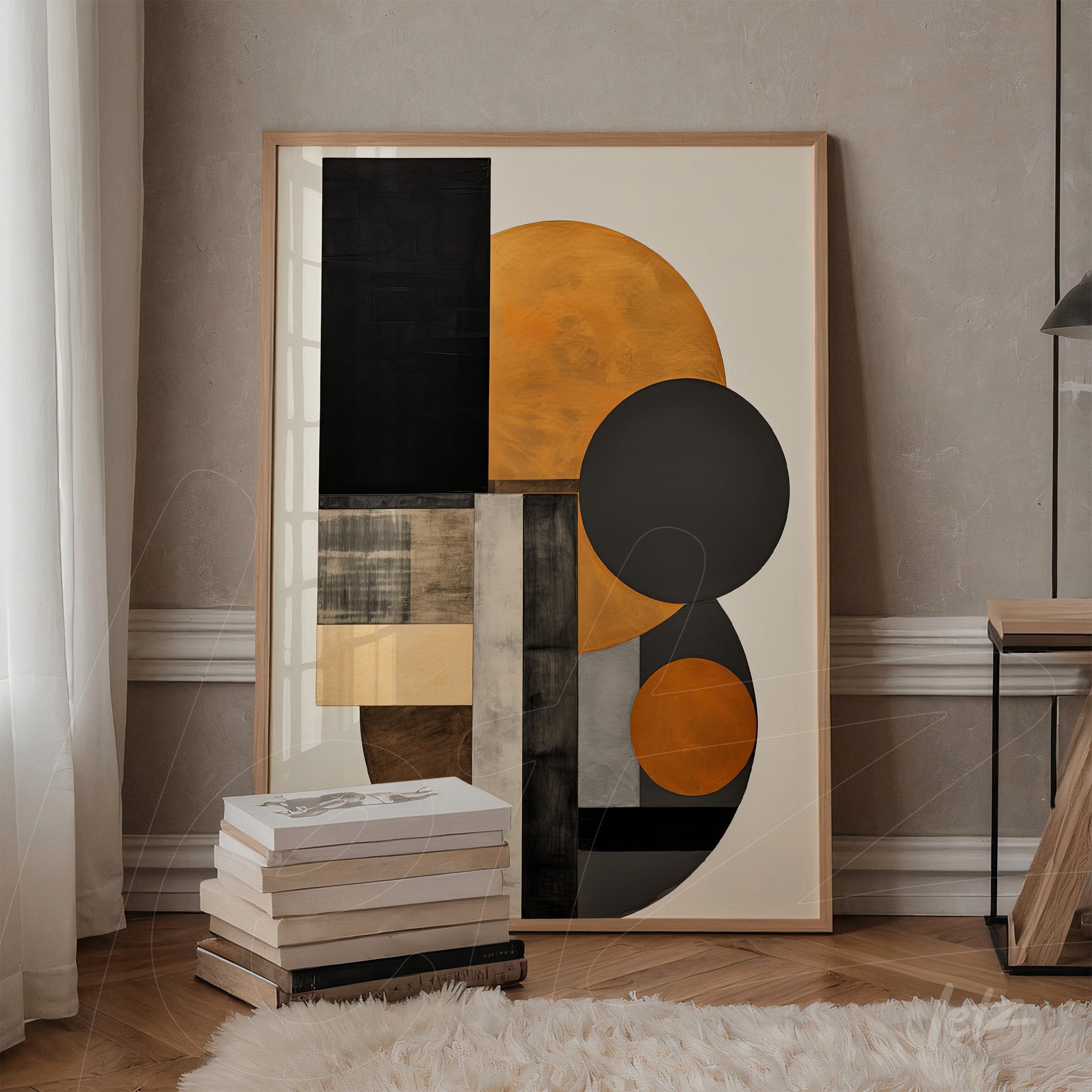 modern abstract wall art in orange, black, and gray tones framed in light wood