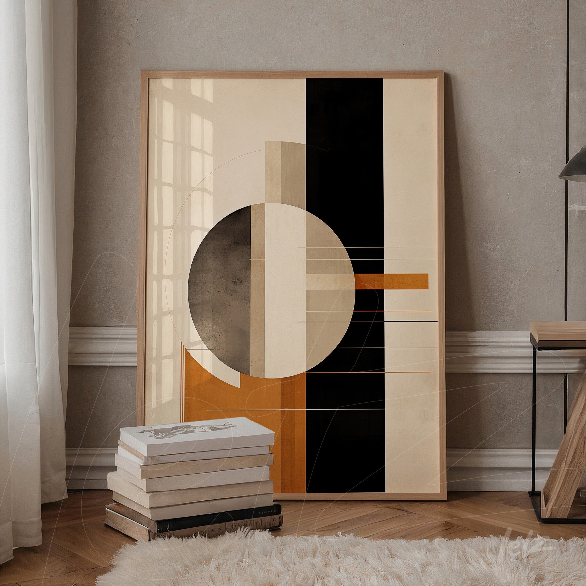 modern framed wall art featuring abstract design in black, cream, and terracotta tones displayed against beige wall