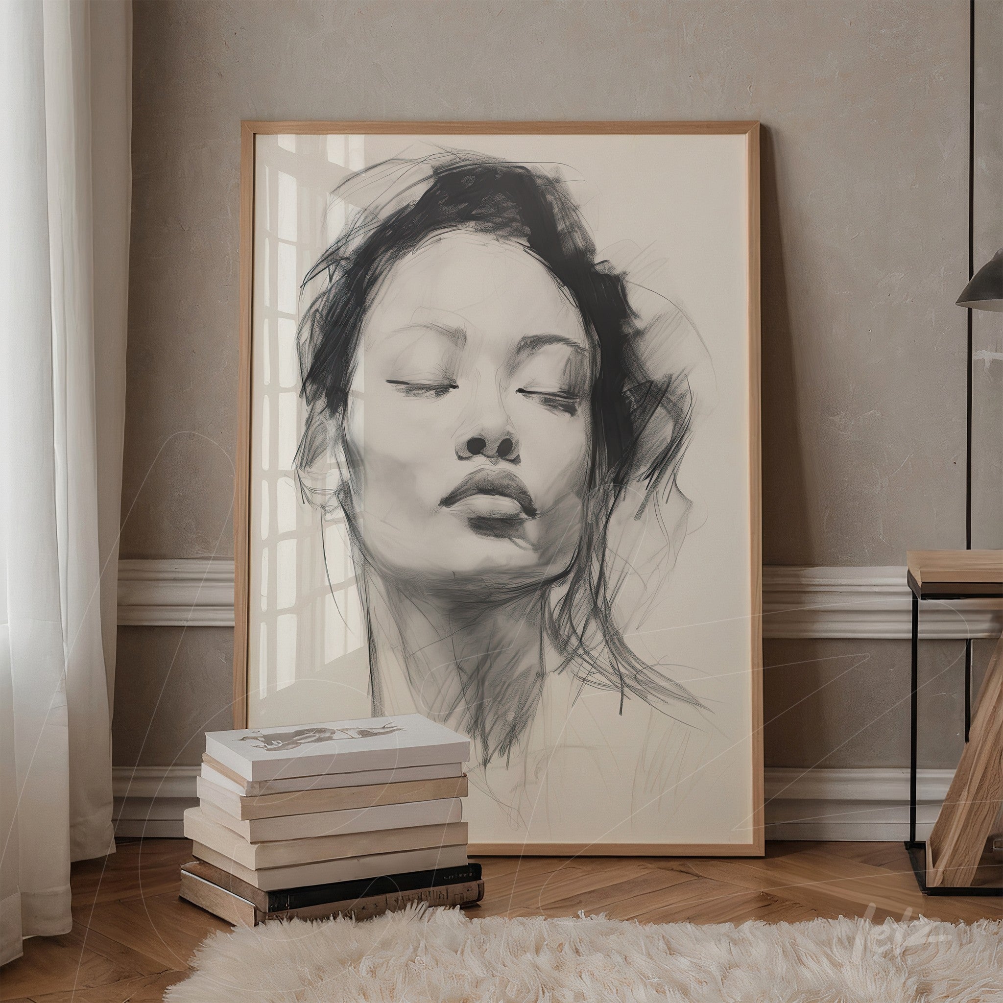 framed wall art of a minimalist female portrait with a neutral background and light wooden frame