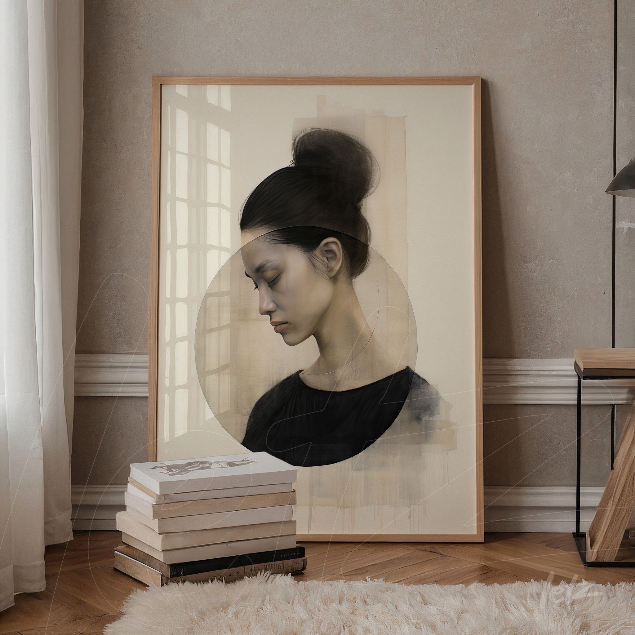 framed wall art featuring a profile portrait of a woman in soft tones with light wood frame and neutral textured background