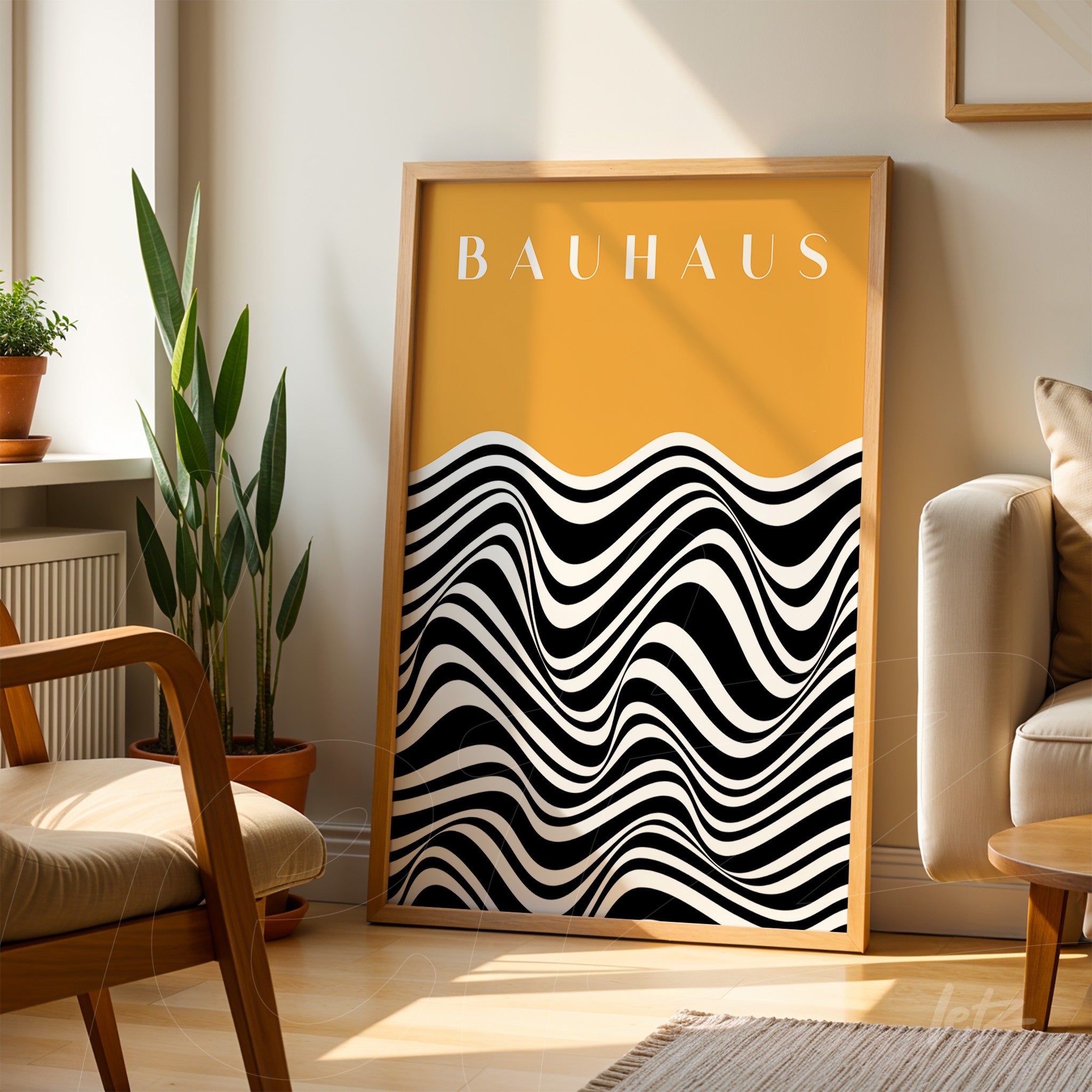 modern bauhaus style framed art with wooden frame leaning on the floor next to a sofa