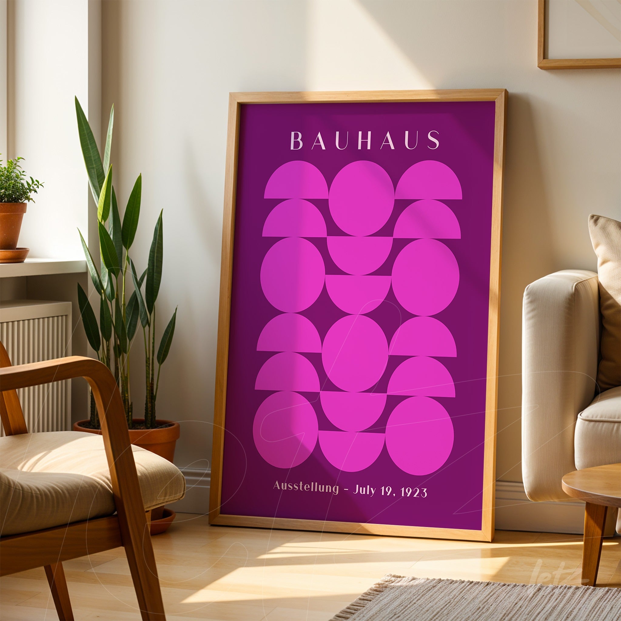 poster print of geometric Bauhaus art in purple hues framed in light wood, set in a modern living room