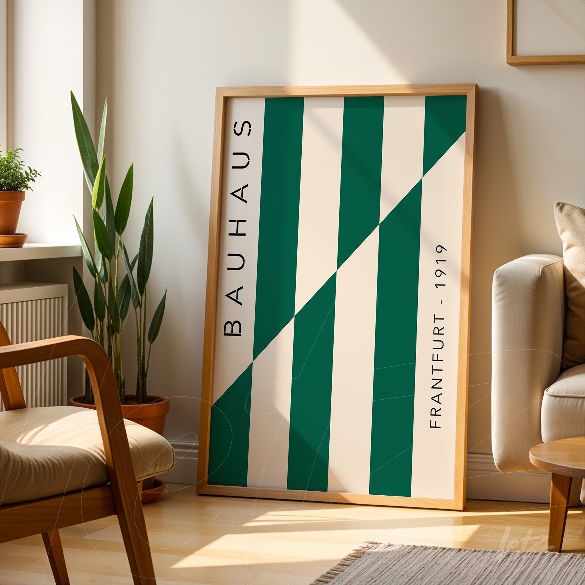 poster print with modern art design featuring green and white diagonal lines, light wood frame
