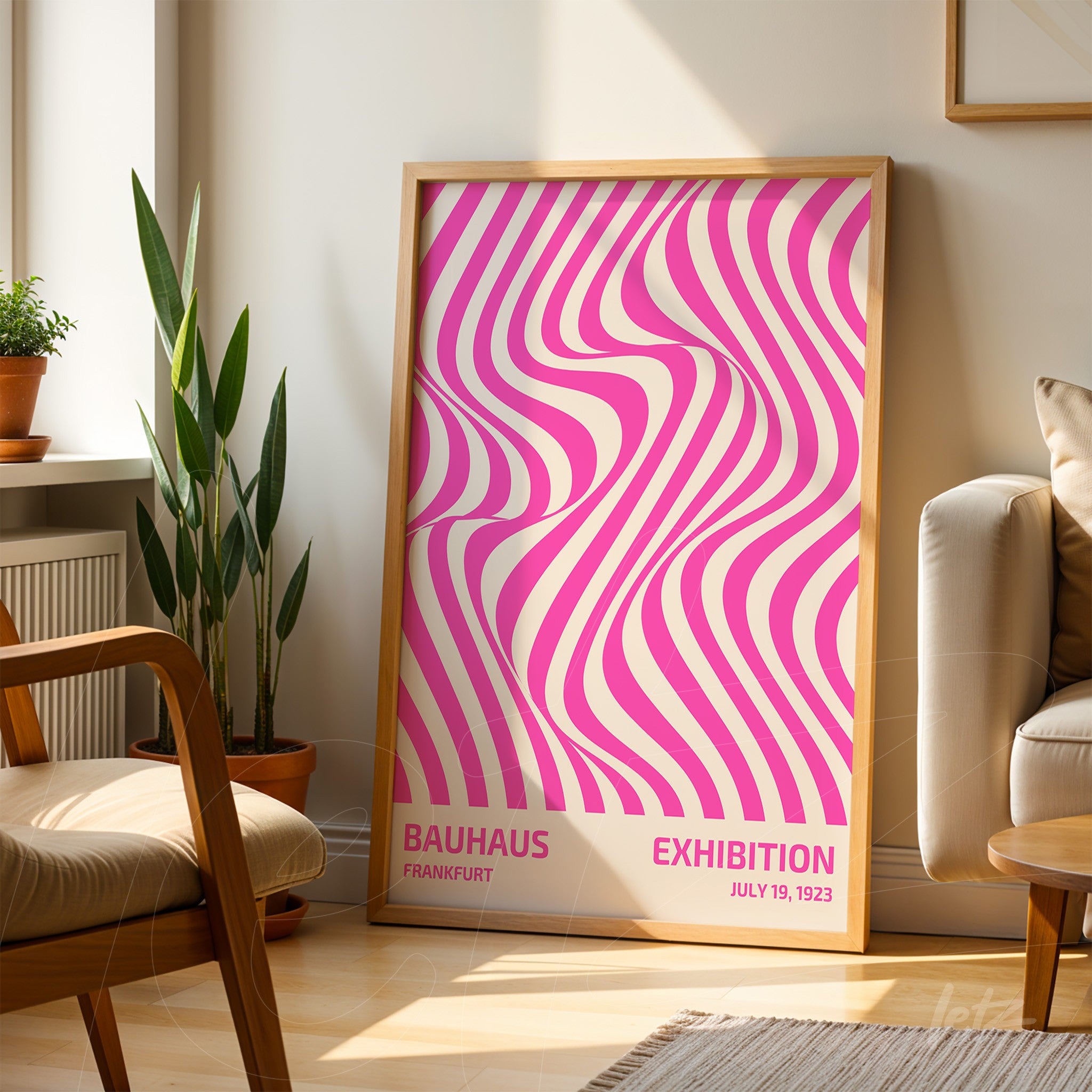 bauhaus exhibition poster with abstract pink line art in natural wood frame, placed in a home setting