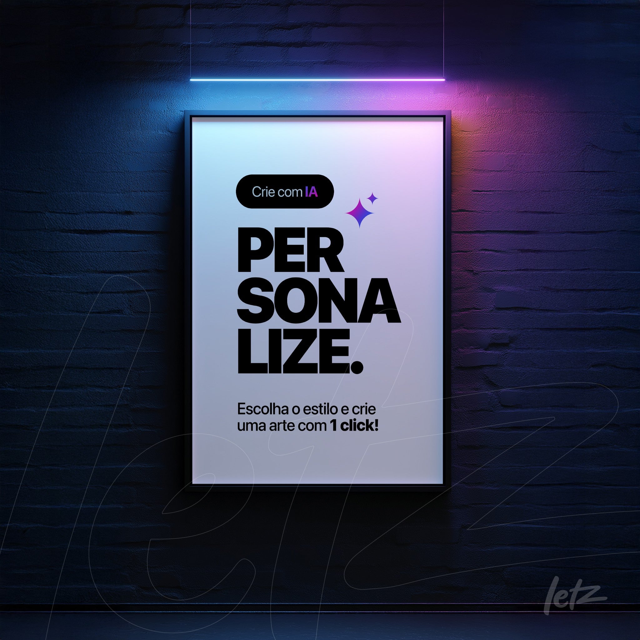 framed artwork with customizable text on dark blue wall illuminated by neon light