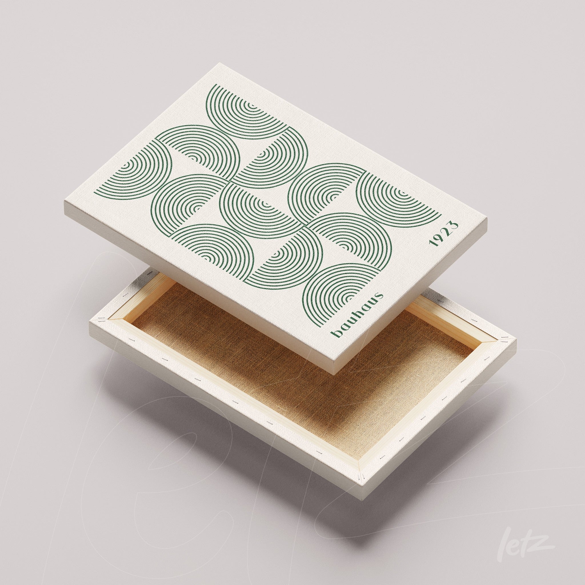 canvas print with green circular geometric patterns on a light background