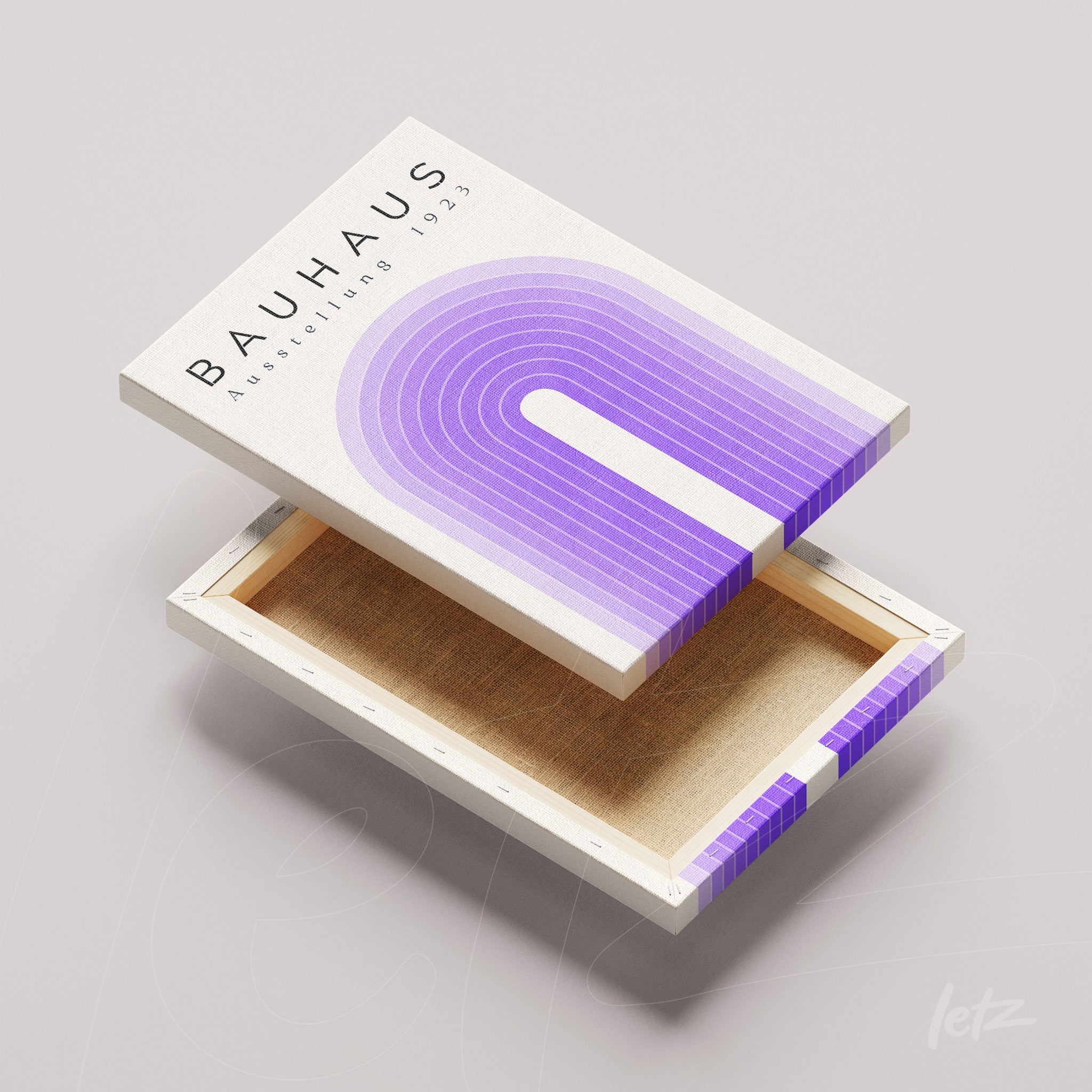 canvas print featuring a bauhaus-inspired design with purple arches and text 'ausstellung 1923', displayed with open frame on beige surface