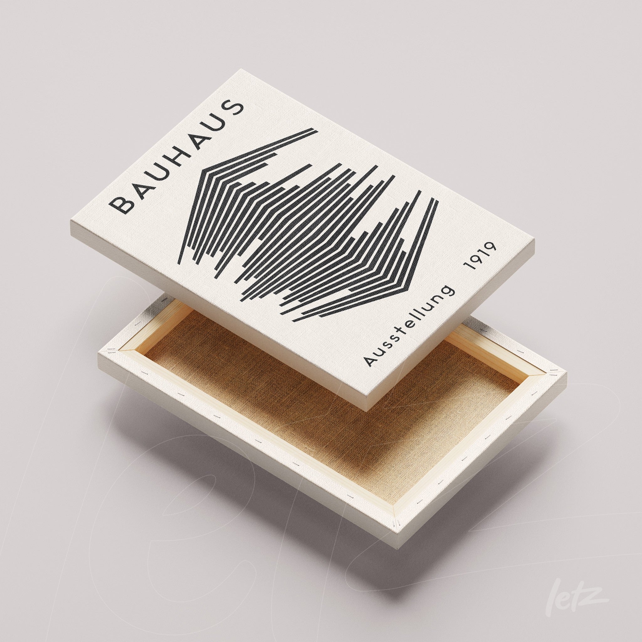 canvas with bauhaus geometric art featuring black lines and text, displayed on light gray background