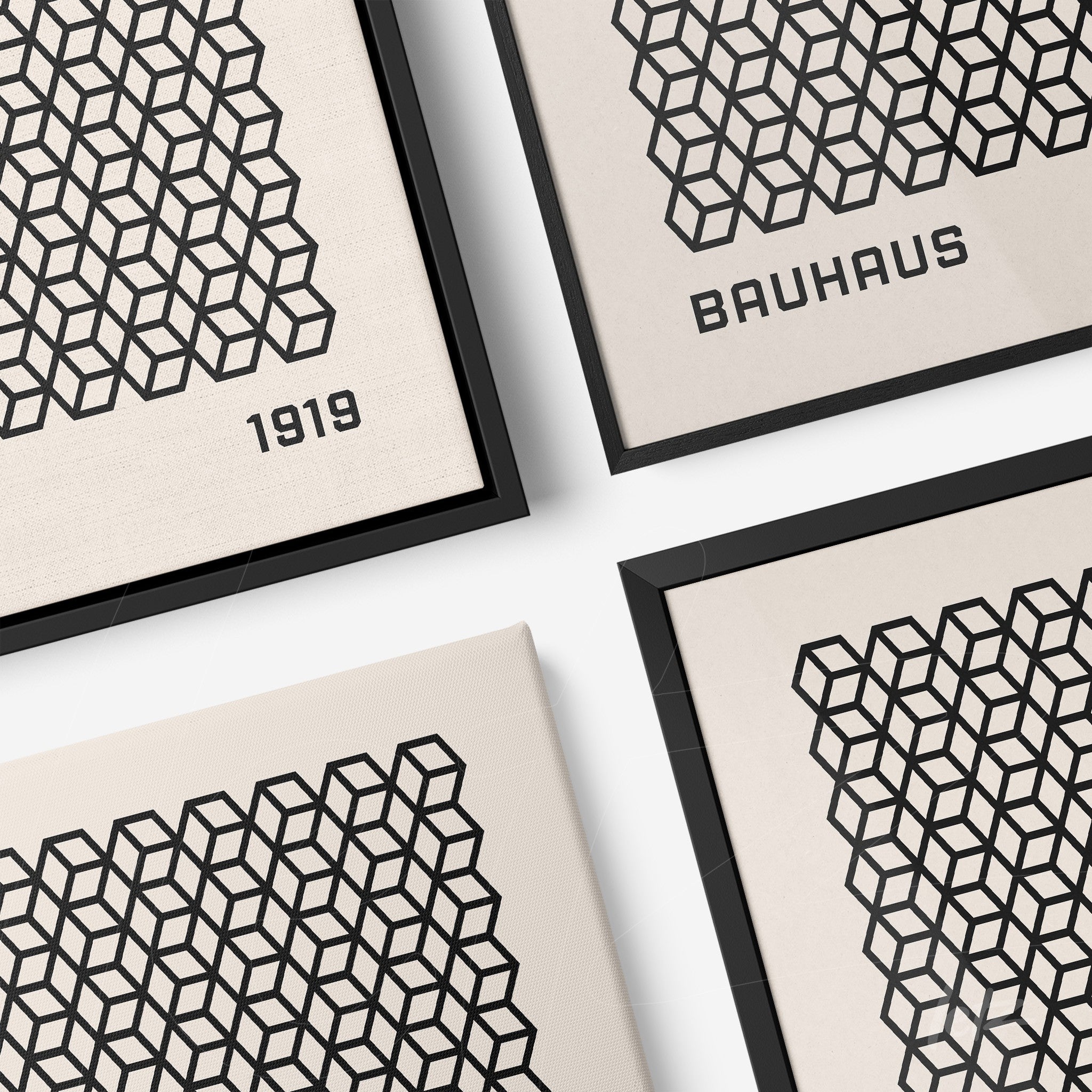 canvas print featuring black geometric pattern and '1919' text shown in four different angles