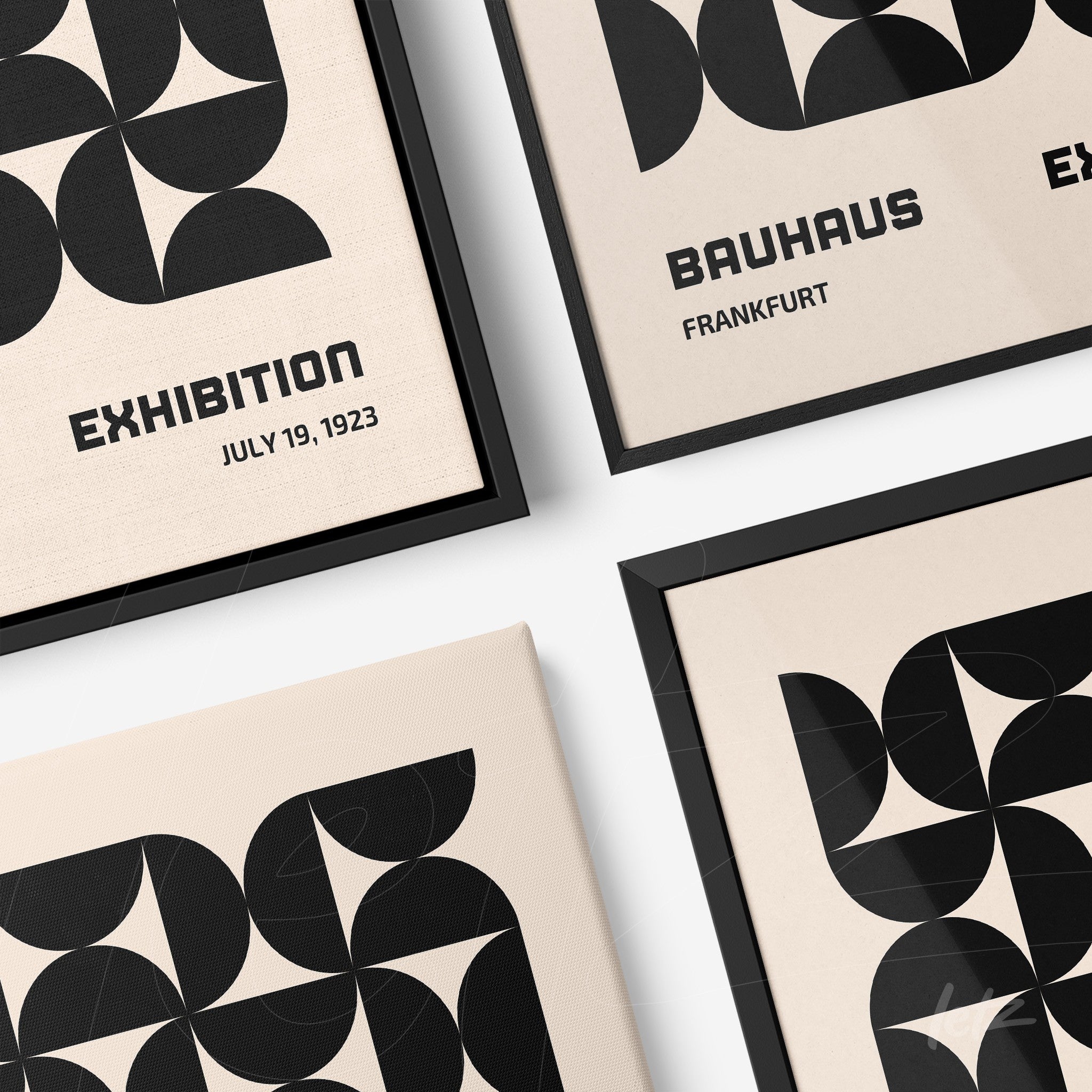 collection of modern framed prints with black geometric design on beige background and black frames, influenced by Bauhaus style