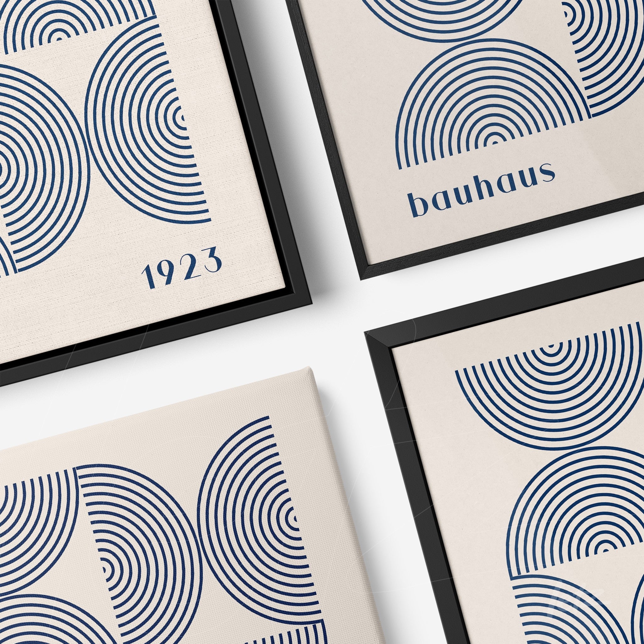 collection of geometric bauhaus style art prints with black frame