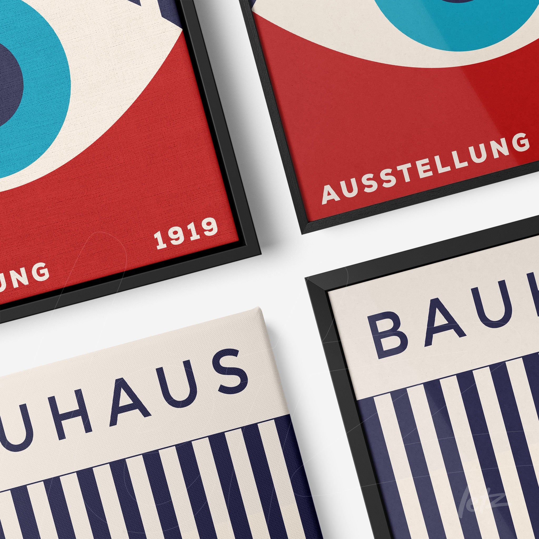 series of framed art inspired by Bauhaus movement, featuring geometric shapes and german text, each in thin black frame