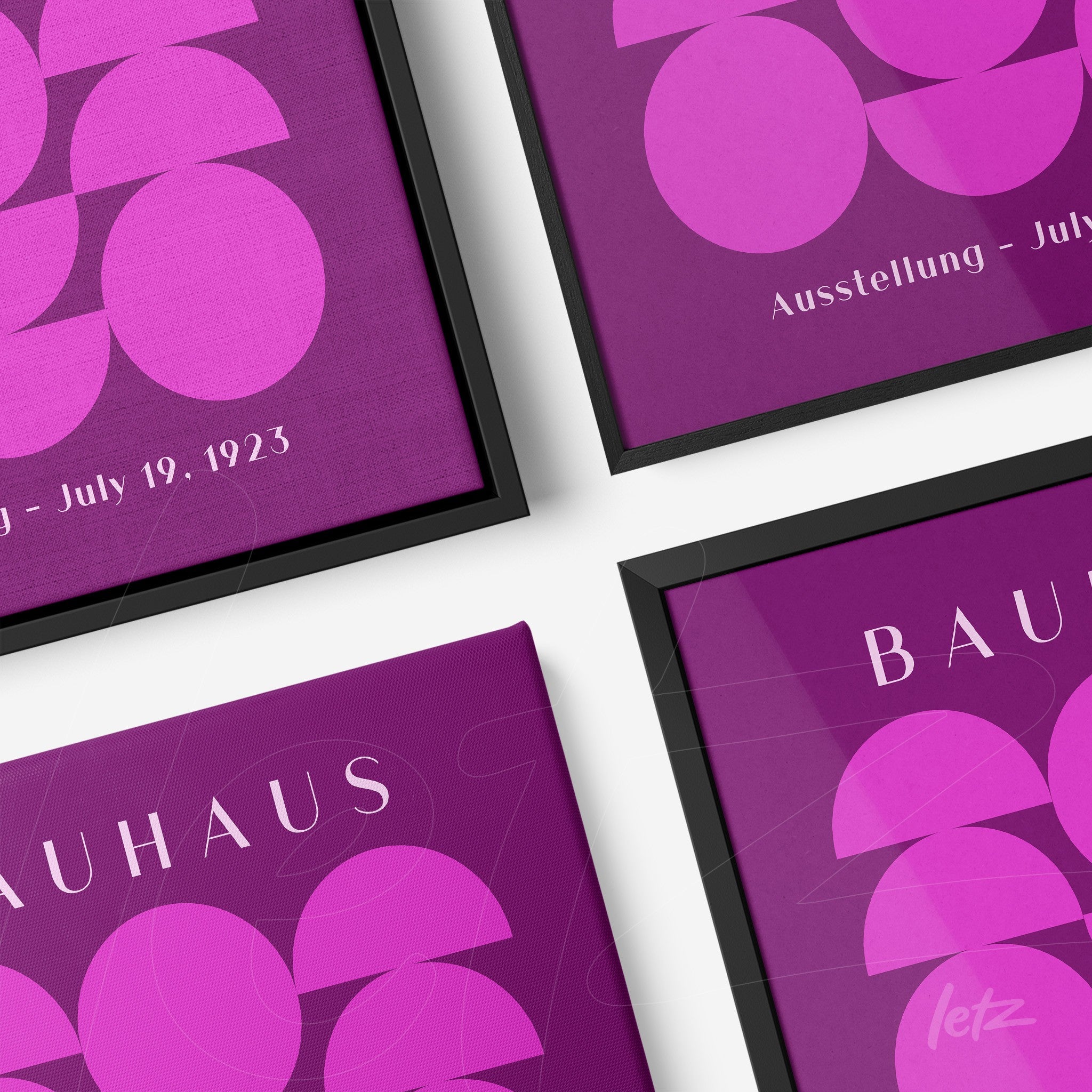 composition of four black framed artworks with pink and purple geometric design, featuring text bauhaus and exhibition date details, displayed in close-up angle