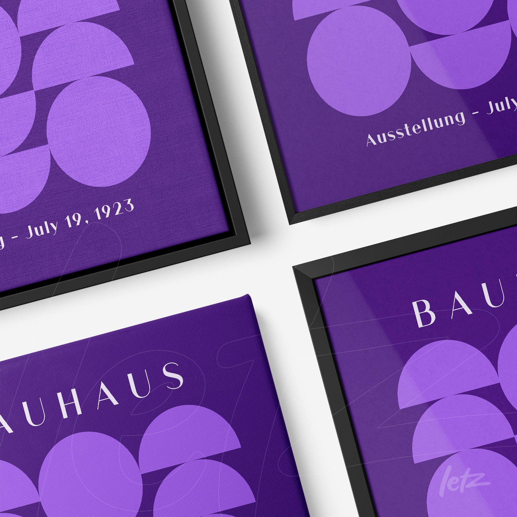 set of four framed digital art pieces in bauhaus style featuring geometric circular shapes in shades of purple with thin black frames