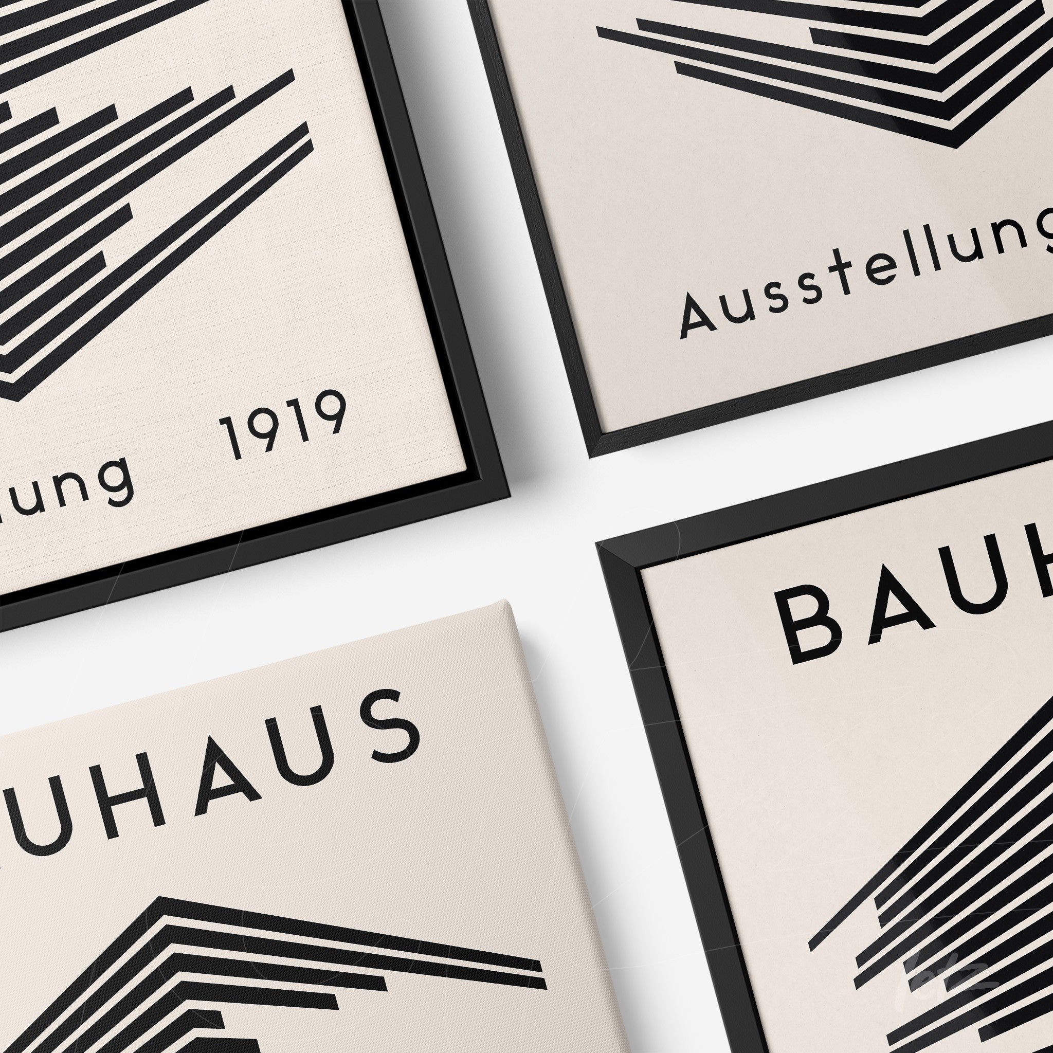 collection of framed artworks featuring bauhaus geometric style, displayed with black frames on white surface