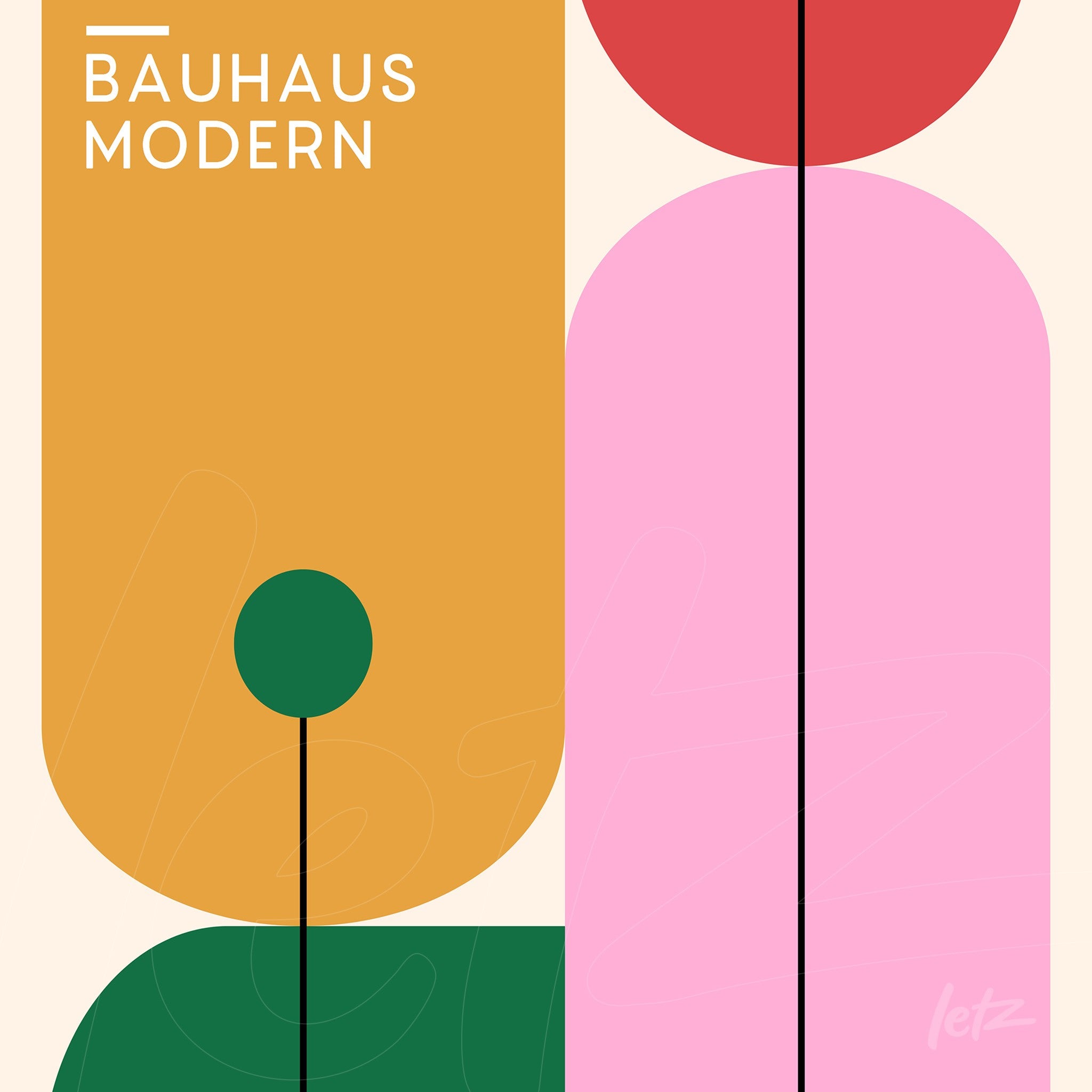 bauhaus-inspired geometric canvas design with pink, red, green, and yellow shapes on a beige background
