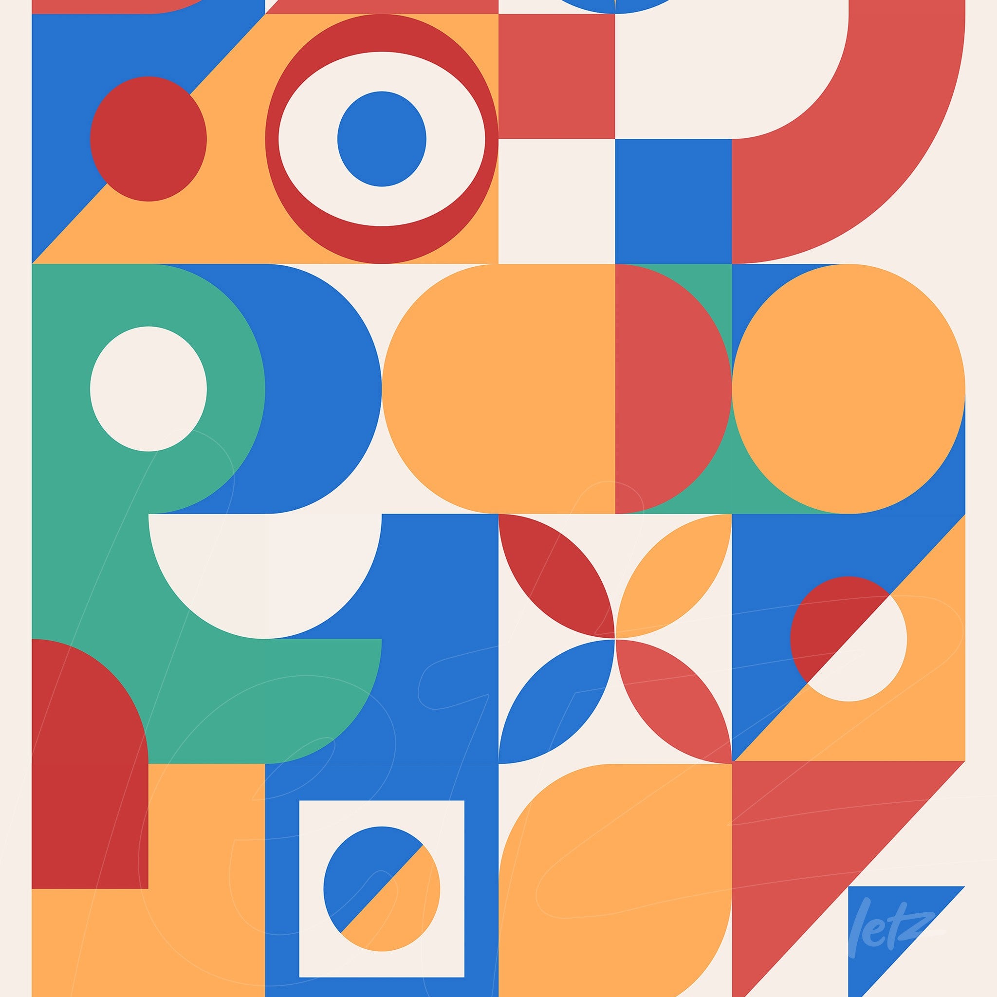 canvas print of abstract geometric art in vibrant colors with circular and square shapes in blue, orange, and red