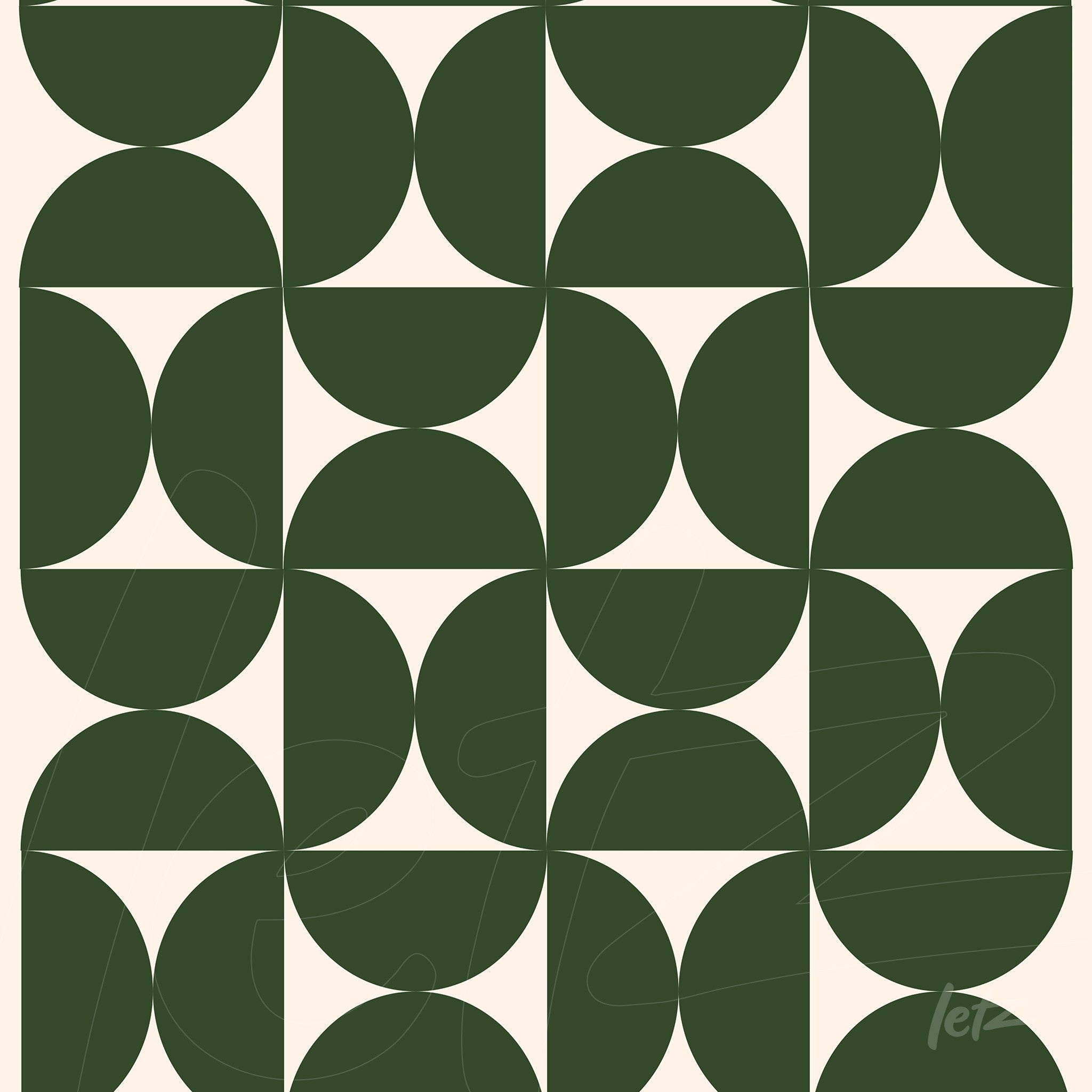 geometric pattern with dark green semicircles on a cream background