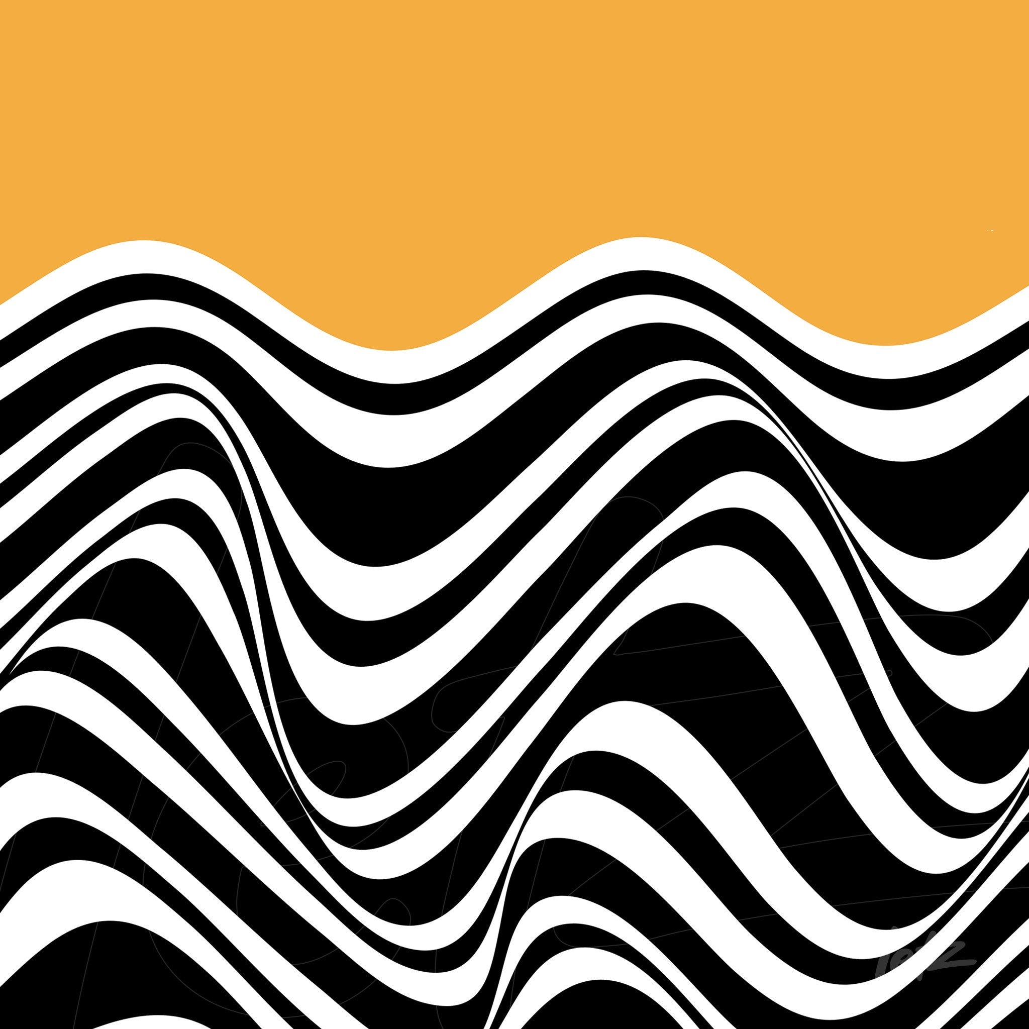 abstract digital art with black and white wavy stripes on a yellow background