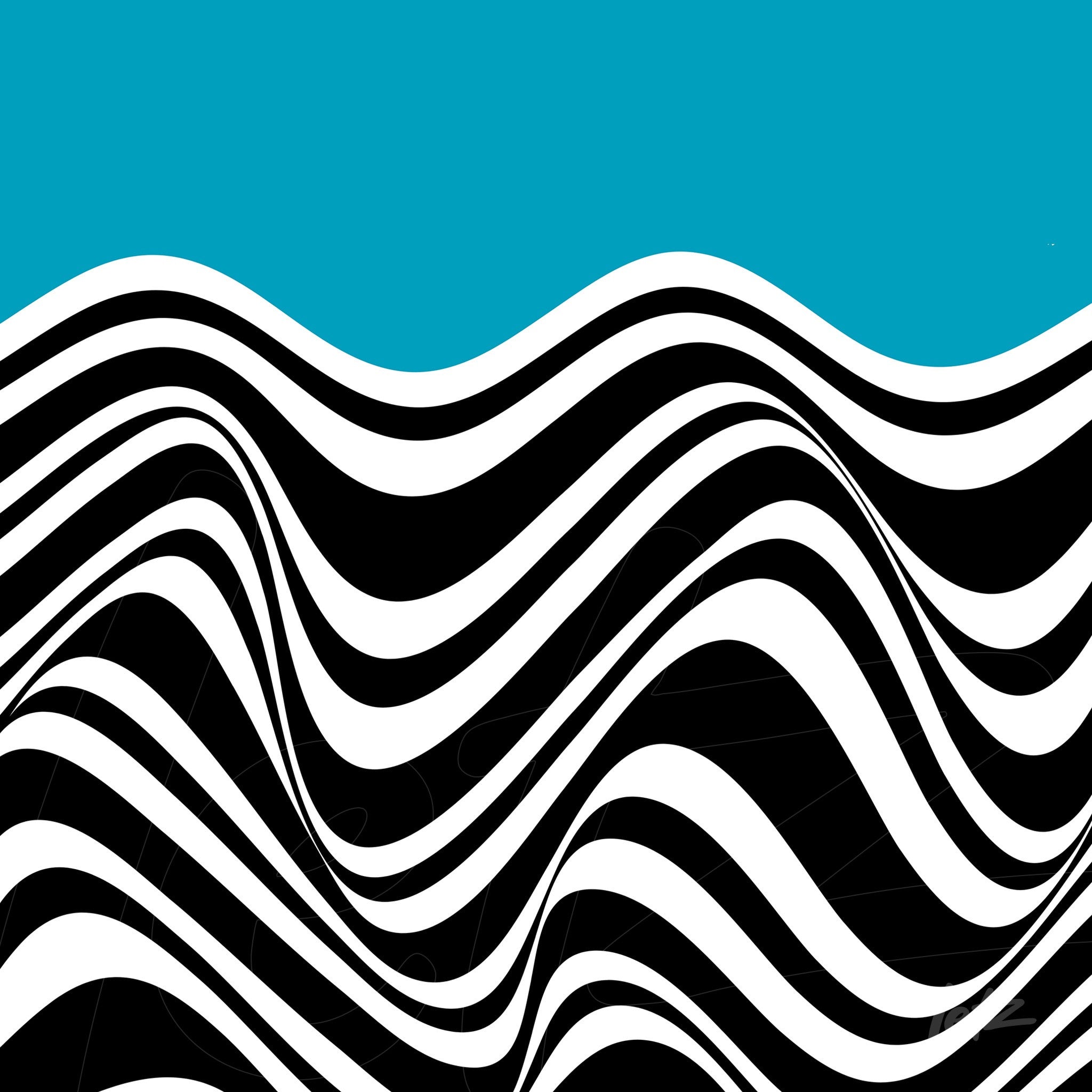 abstract poster print featuring black and white wavy lines on a vibrant blue background