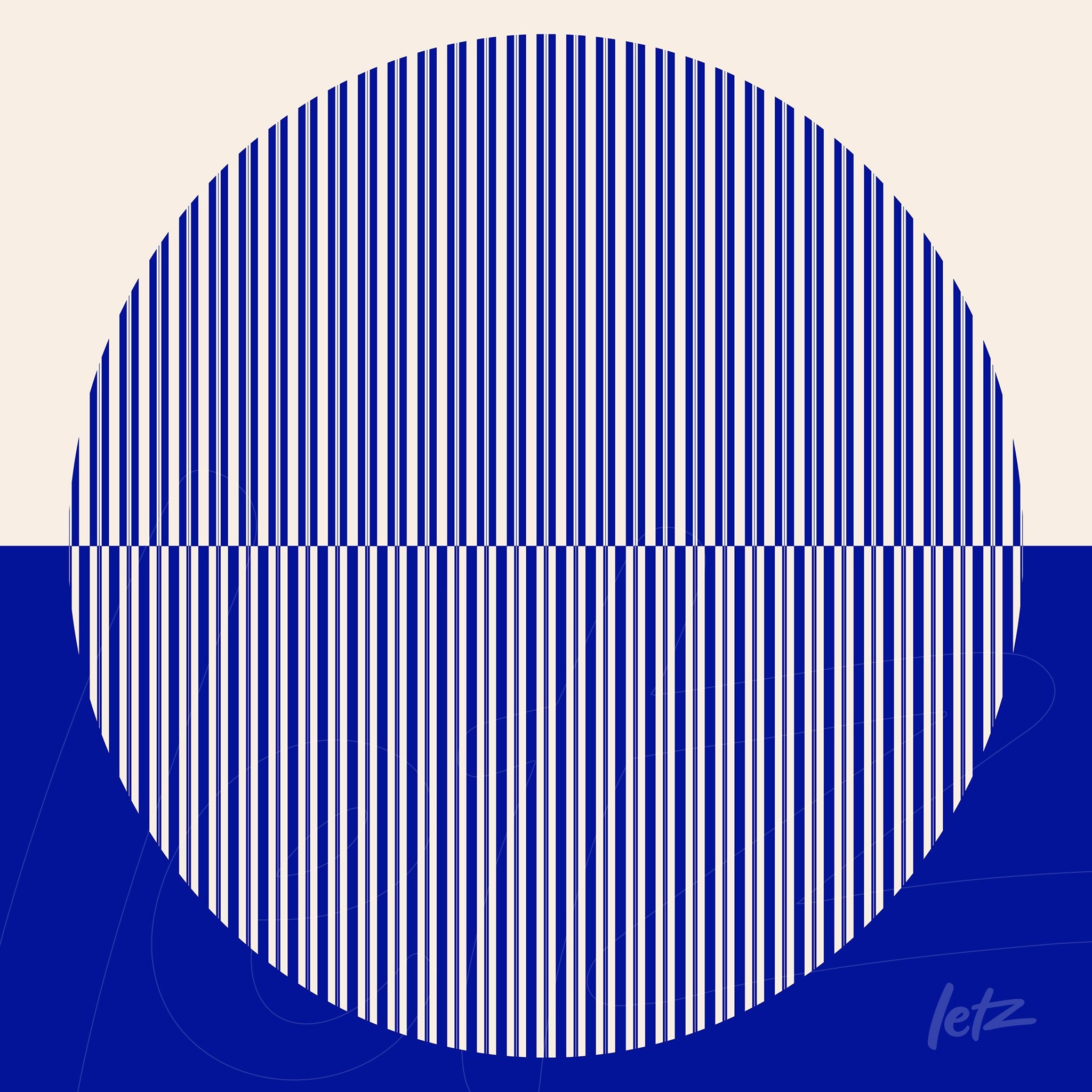 abstract art featuring a circle with vertical blue stripes on a background split between white and blue