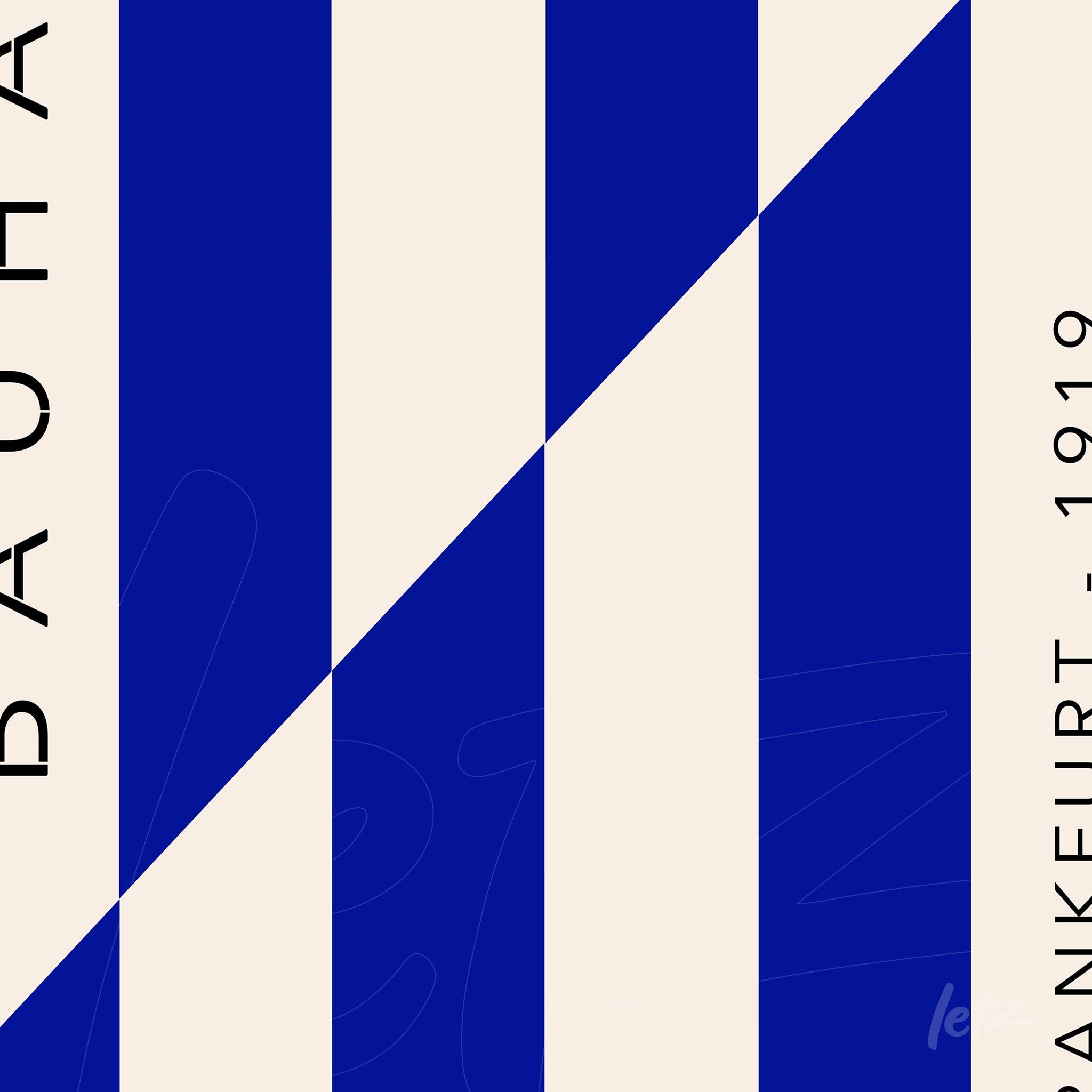 canvas print of abstract art featuring diagonal blue and beige stripes with vertical text on the side