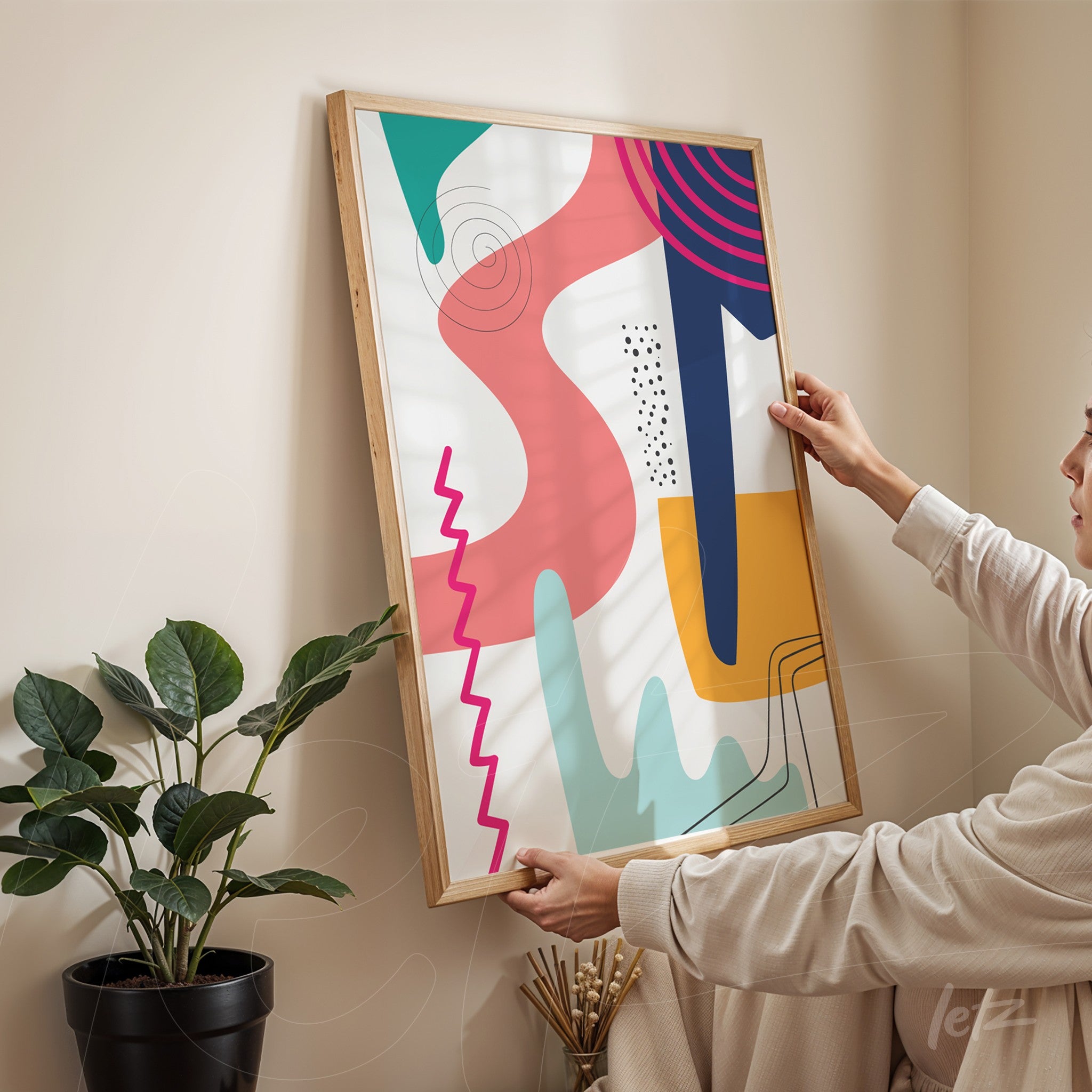 arte abstrata em cores vivas com formas geométricas multicoloridas em moldura de madeira clara