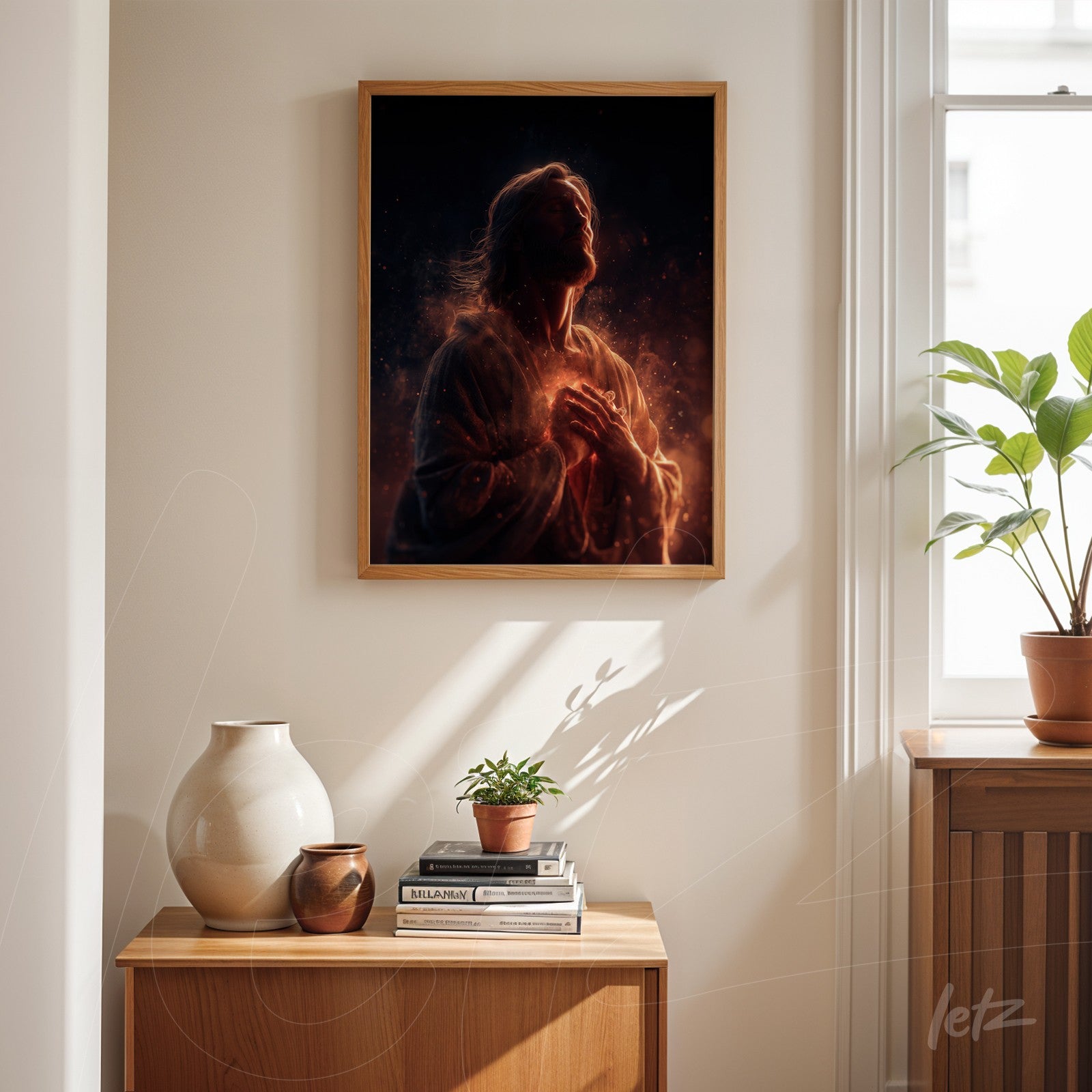 framed artwork featuring a contemplative figure with a dark illuminated background