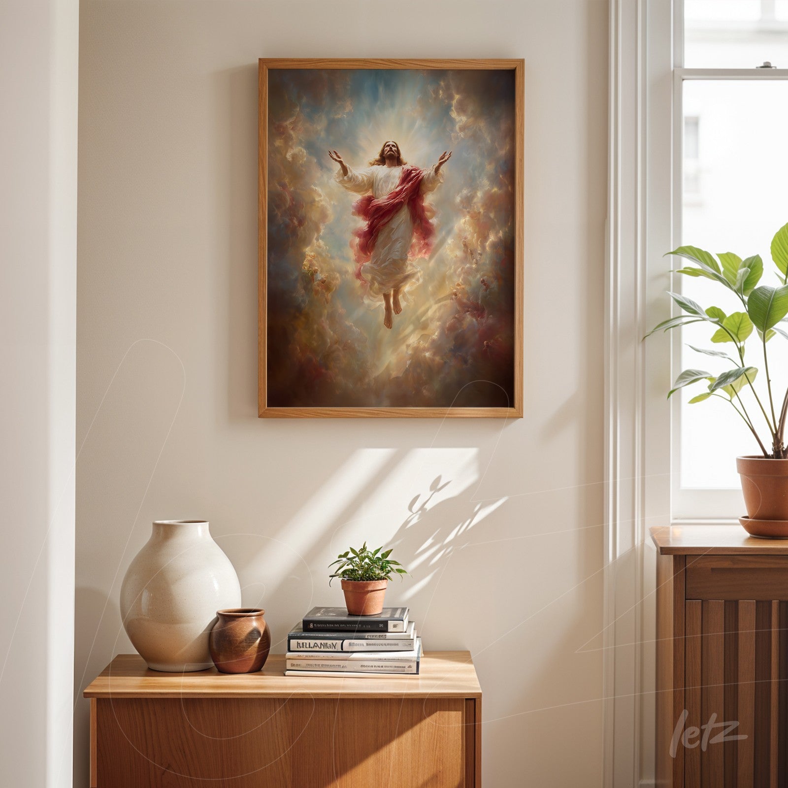 framed artwork of a celestial figure ascending among clouds in light wooden frame