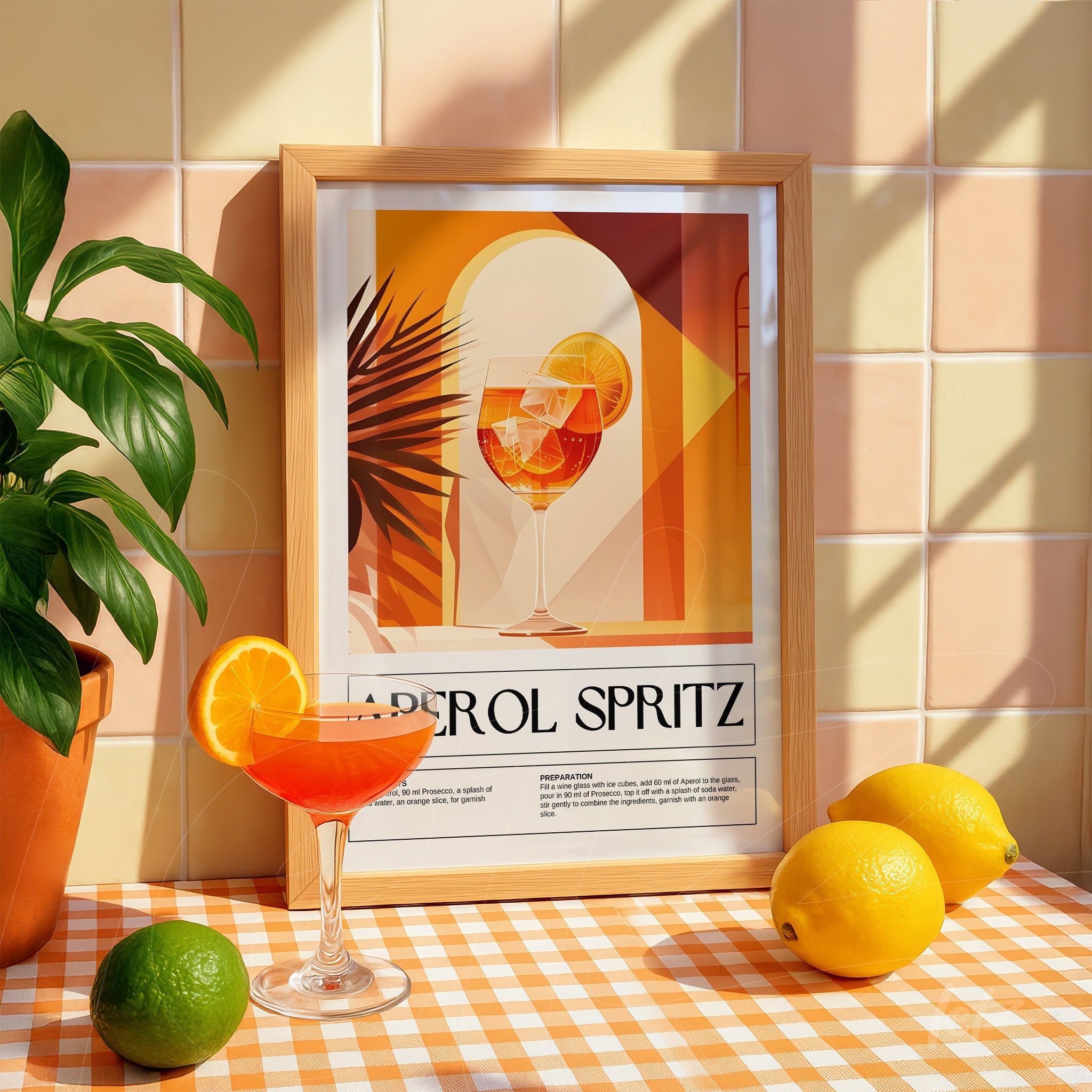 framed wall art featuring graphic design of aperol spritz cocktail with warm background and lemons on a checkered table
