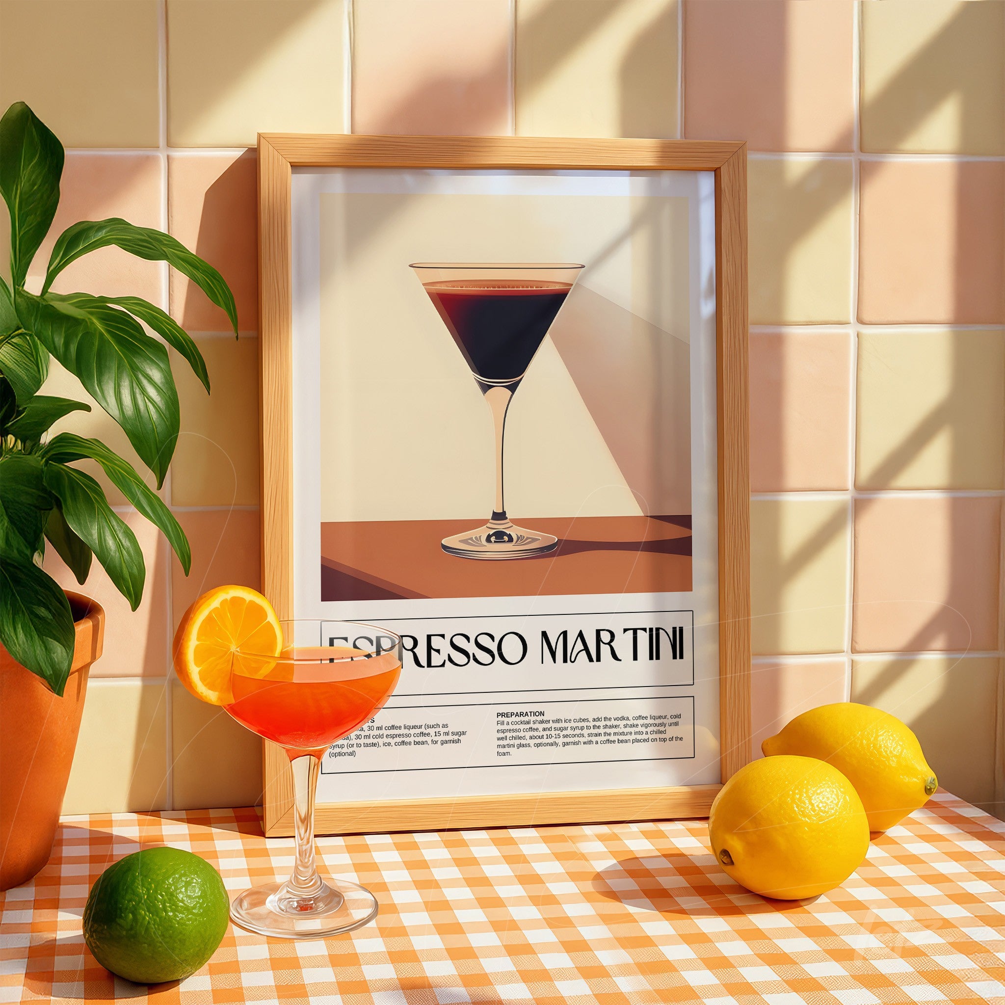 framed modern art of espresso martini with light wooden frame displayed on checkered tablecloth