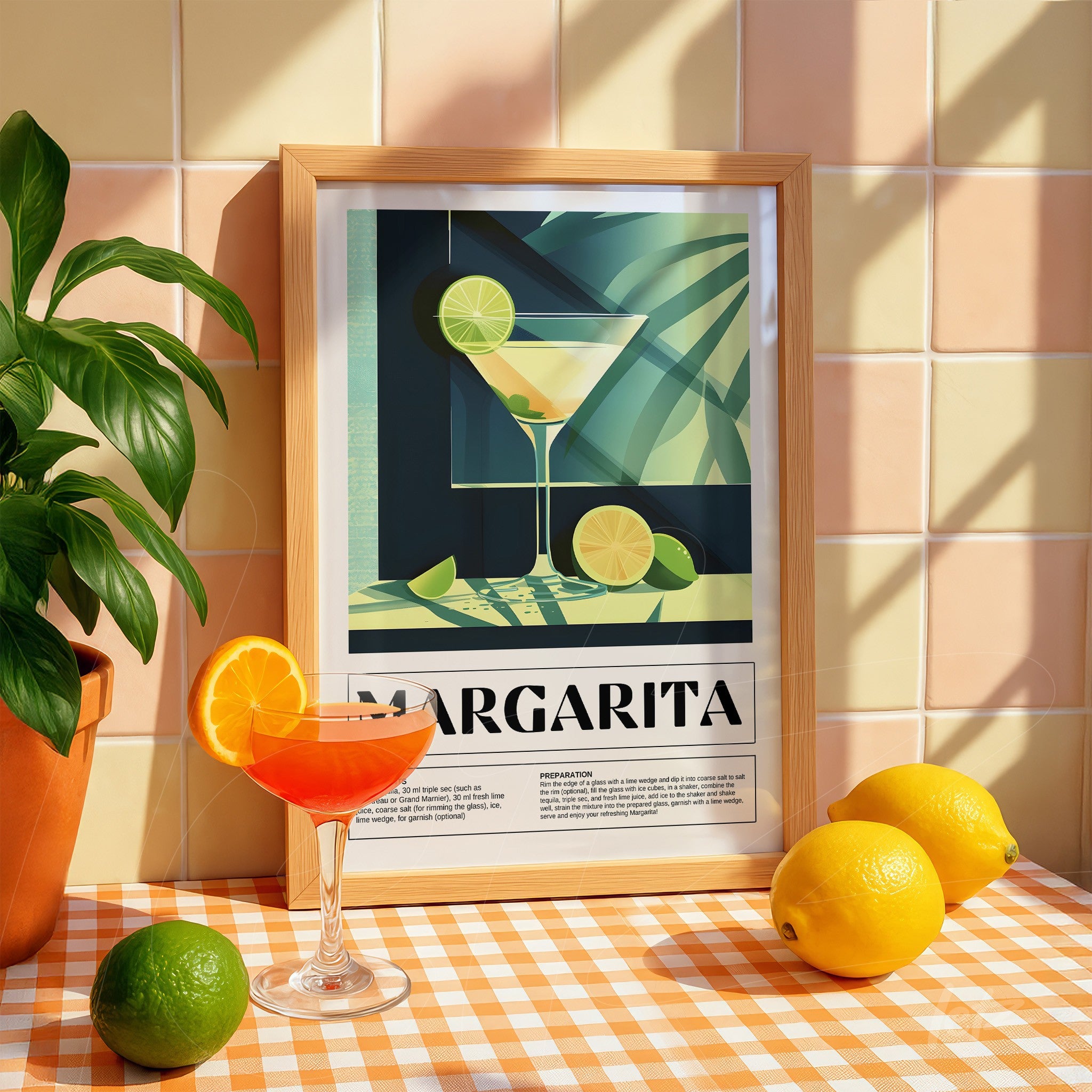 framed vintage art of a margarita cocktail displayed on a checked table with limes and a glass garnished with lime slices