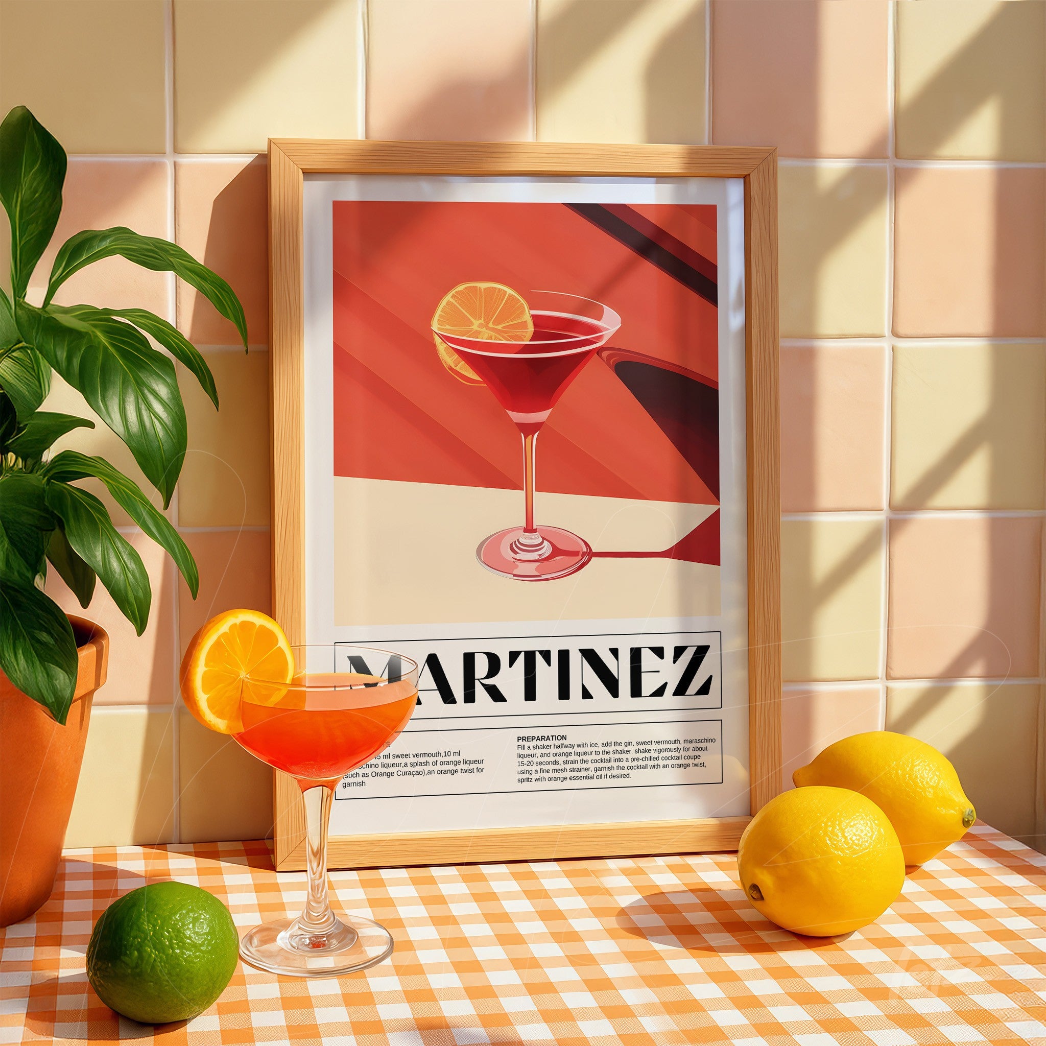 framed modern art of martinez cocktail with light wood frame displayed in a pastel tiled environment alongside lemons and oranges on a checkered table