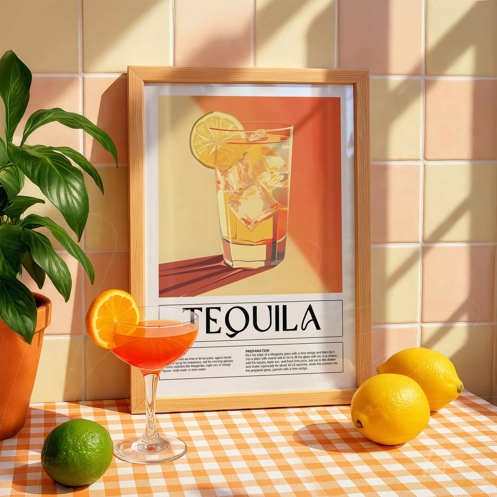 framed retro style art of tequila cocktail on orange background next to lemons and oranges displayed on a checkered surface