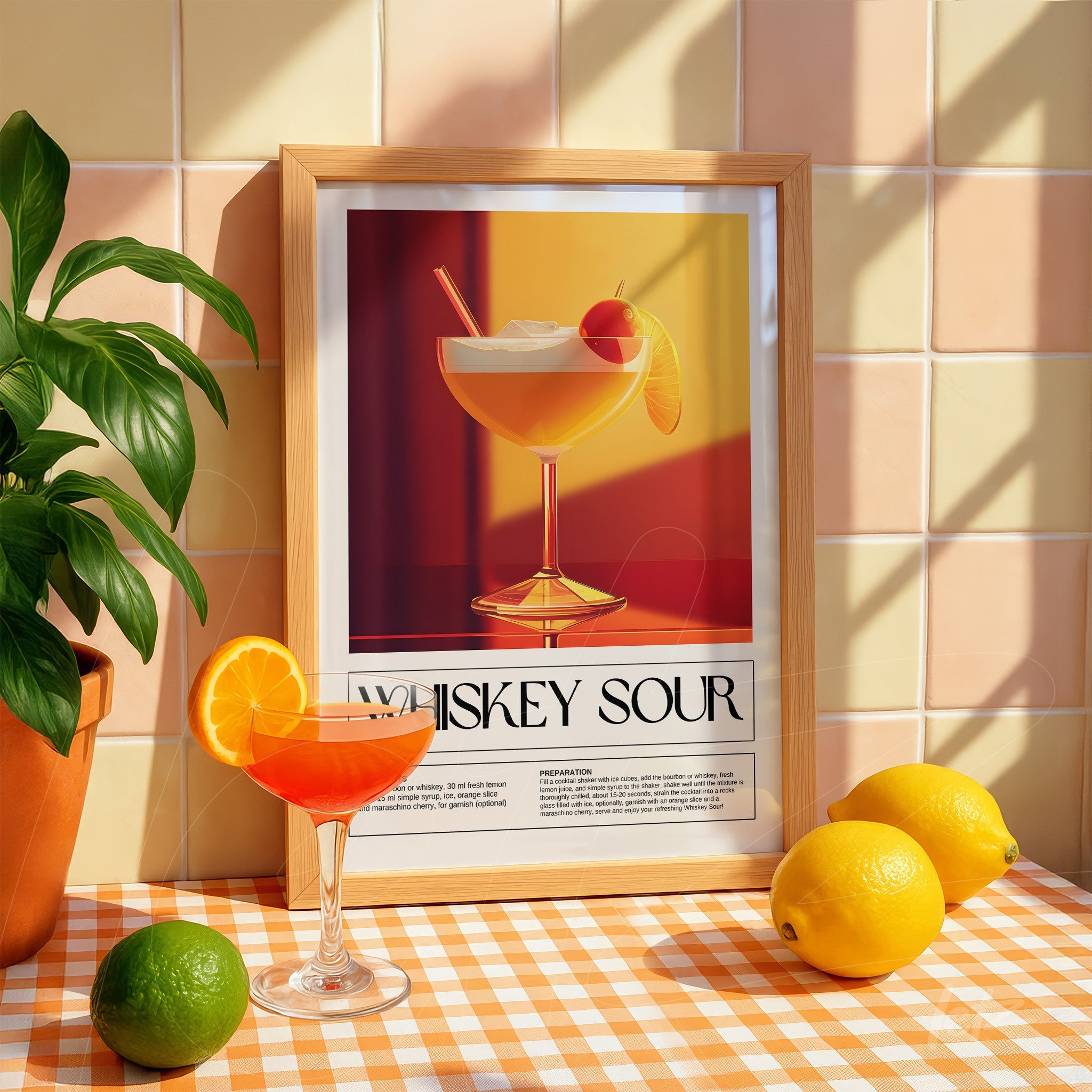 framed wall art featuring a whiskey sour cocktail illustration in a light wood frame displayed on a table with orange and white checkered cloth alongside lemons and a potted plant