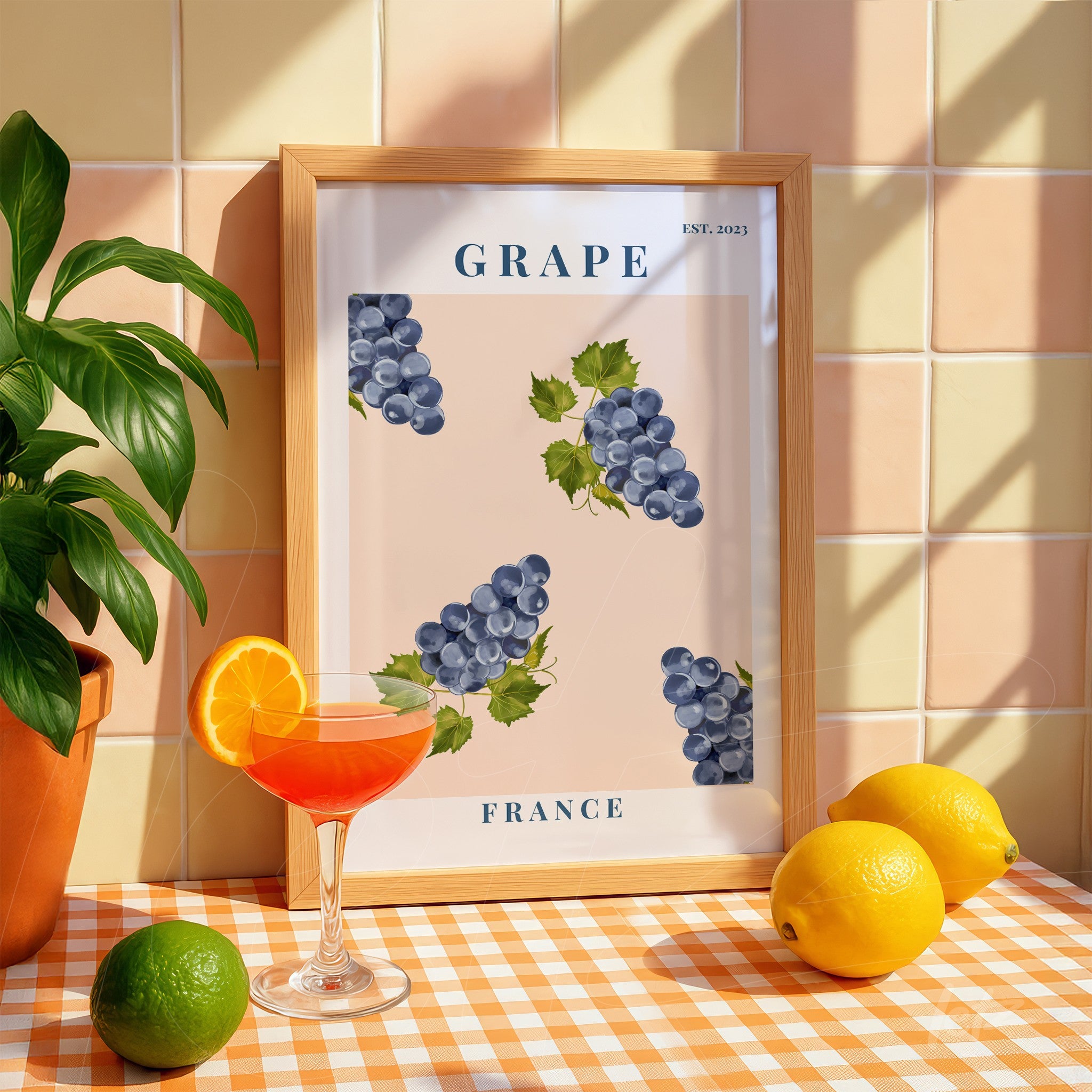 framed wall art featuring blue grapes surrounded by green leaves with a light wood frame displayed on a surface with orange and white checkered tablecloth