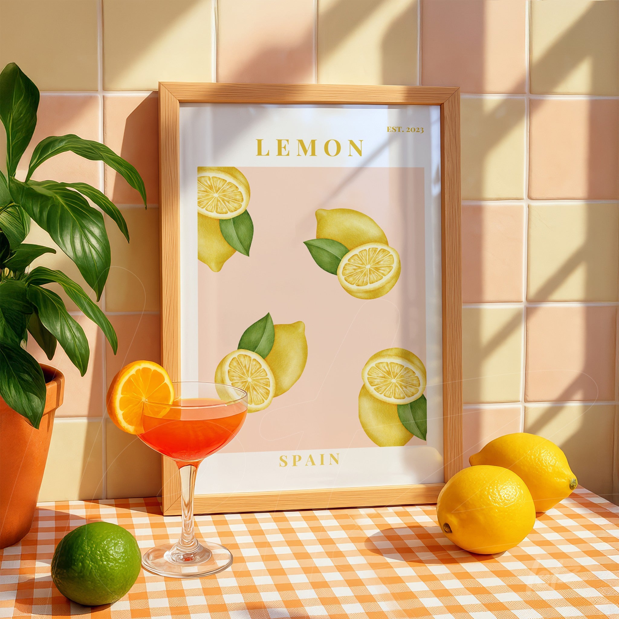 framed digital art featuring lemons in a light wood frame displayed on a checkered orange table, with a cocktail glass garnished with a lemon slice beside it