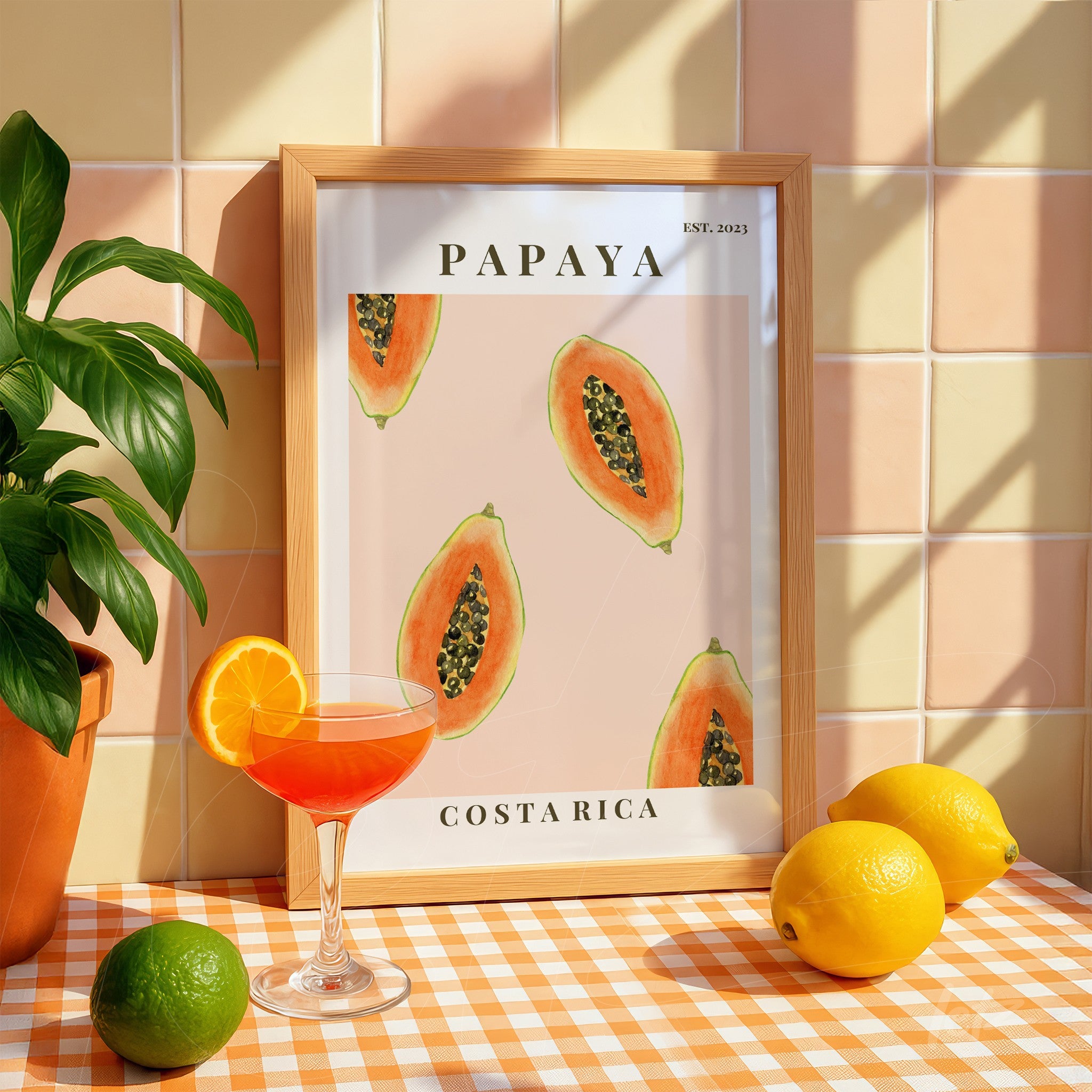 framed art with illustrations of papaya on light background displayed in a kitchen setting with citrus fruits nearby