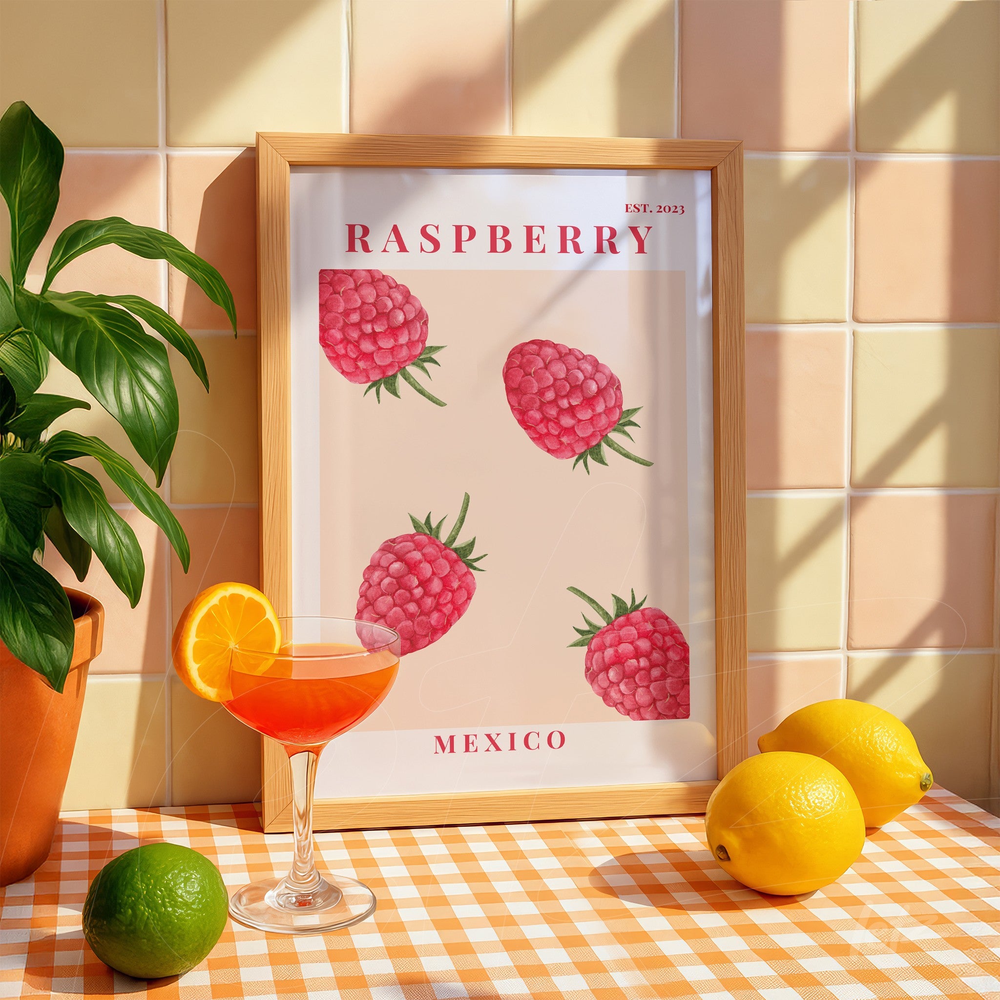 framed artwork featuring raspberry illustrations on a light background, with a light wood frame, accompanied by a cocktail glass and citrus fruits on a checkered table