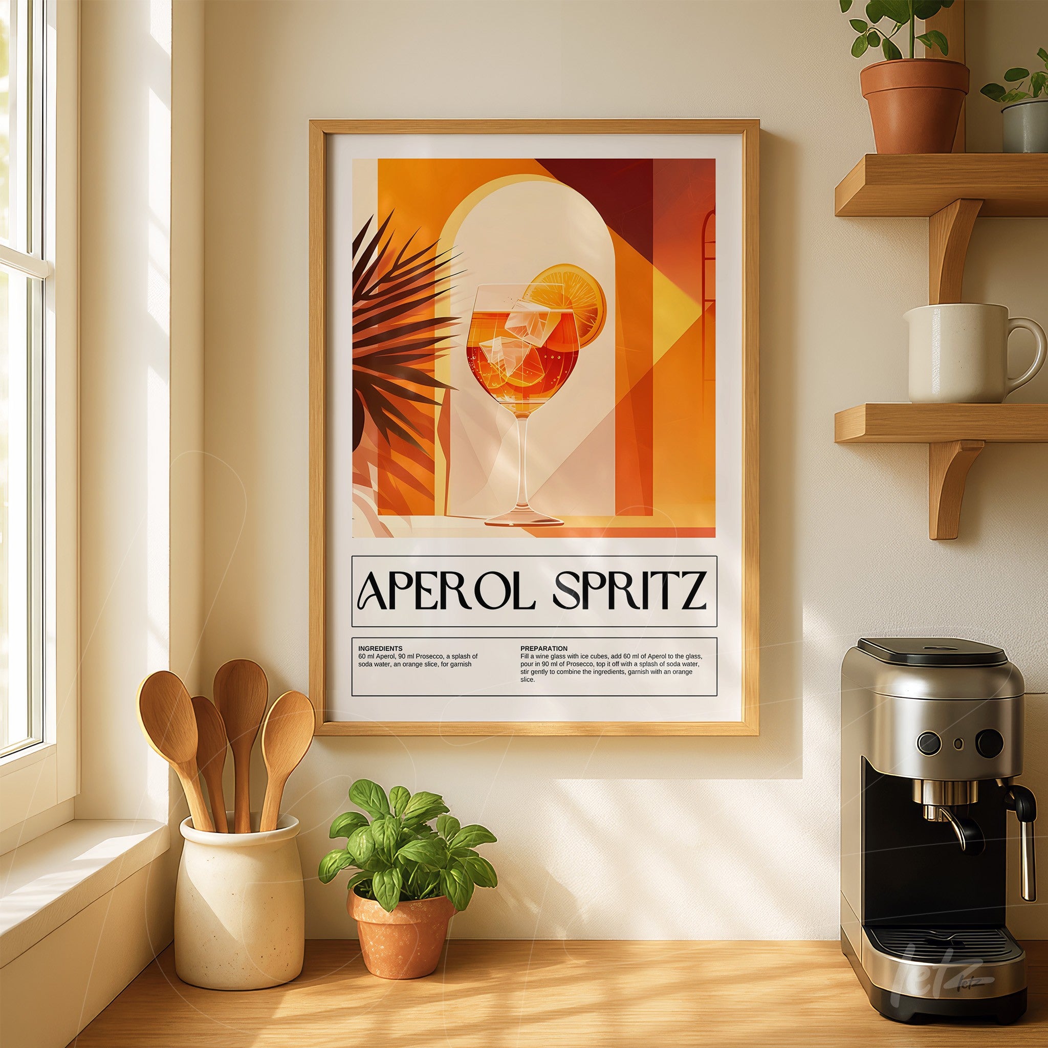framed modern art of aperol spritz in light wood frame displayed on a light wall beside a wooden shelf with kitchen utensils