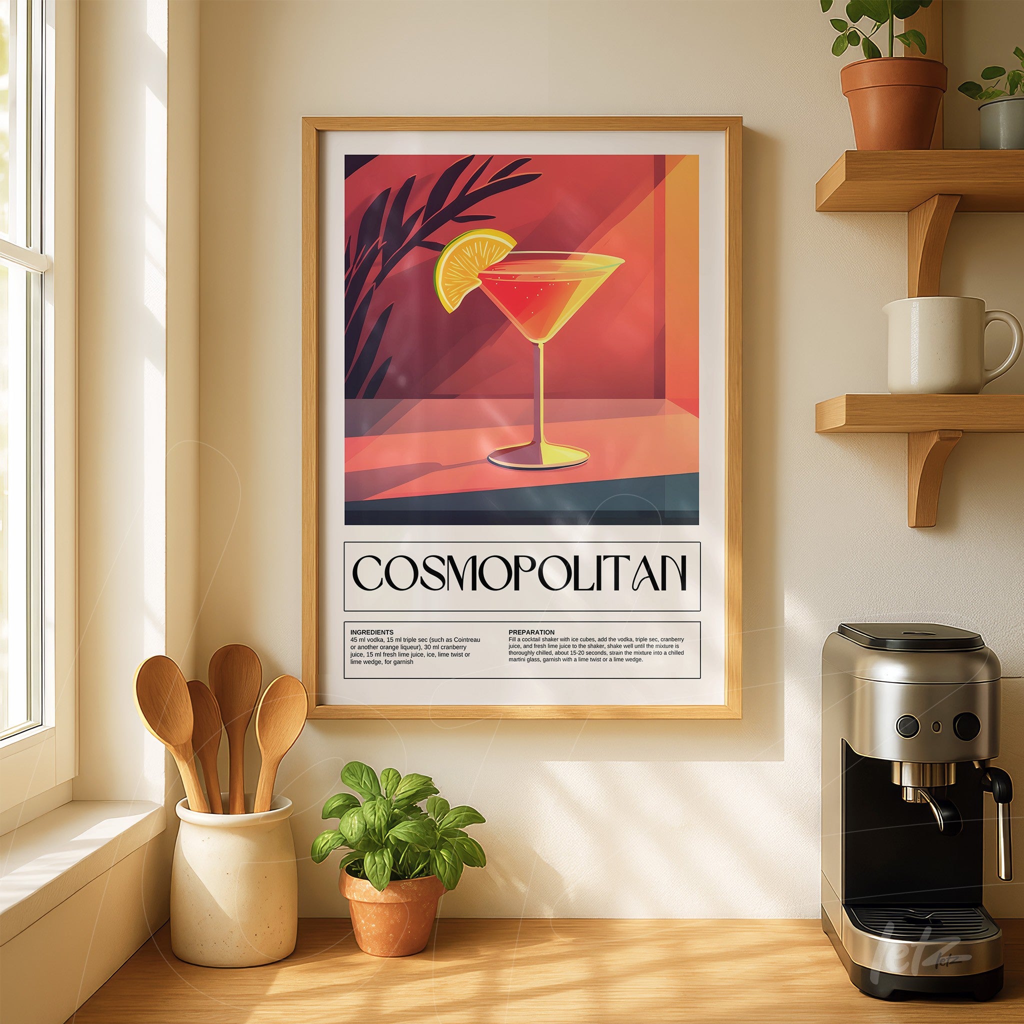 framed artwork of cosmopolitan cocktail with light frame, featuring a red background and black details