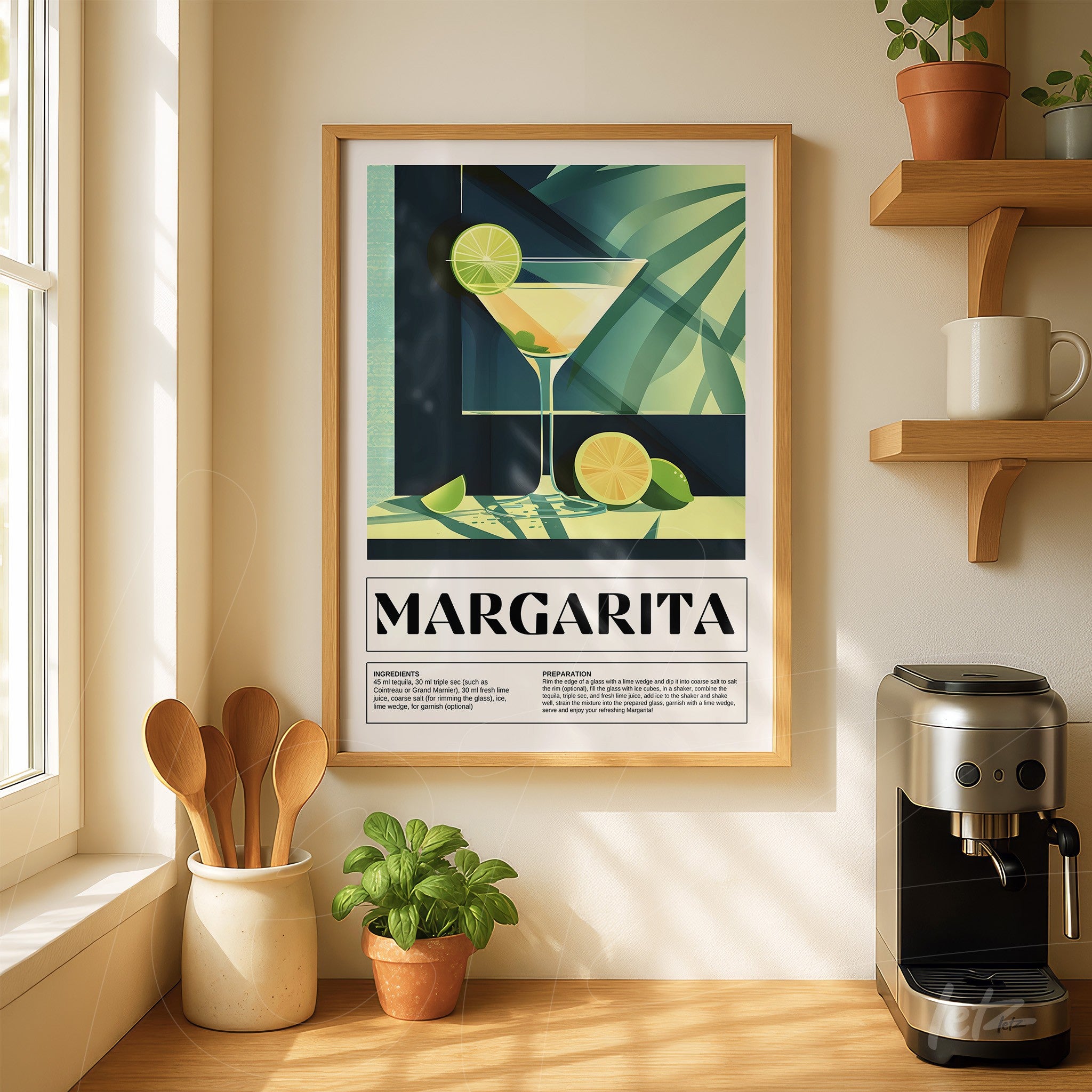 framed wall art featuring a stylized margarita illustration with a light wooden frame displayed on a wooden shelf with decorative elements