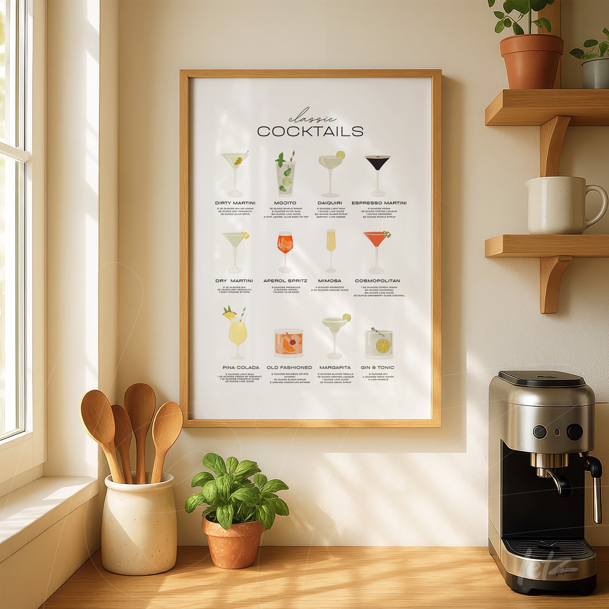 framed wall art featuring classic cocktail illustrations arranged in a grid on a white background with a light wooden frame
