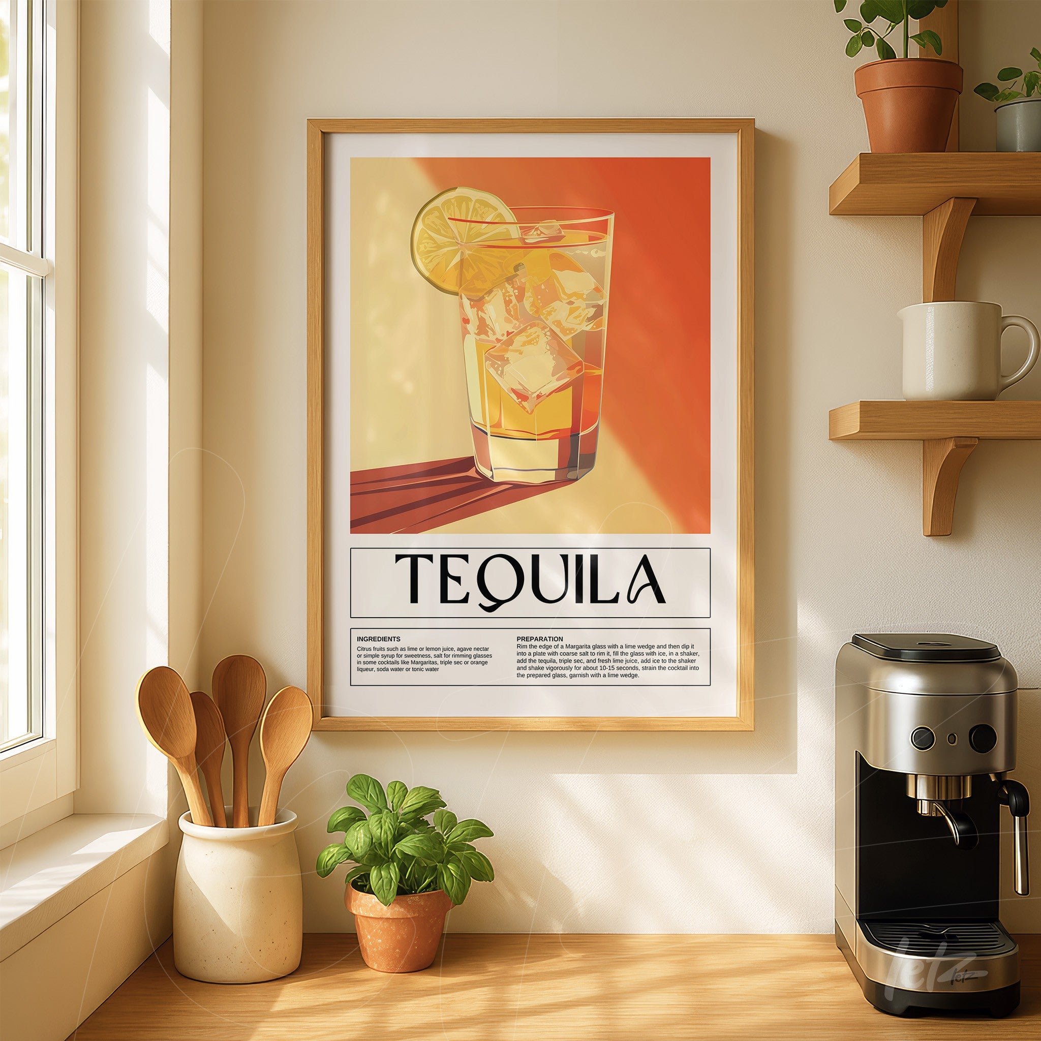 framed artwork of a tequila cocktail with ice featuring a lime slice in a light wood frame displayed on a sunlit wall with plants in the background
