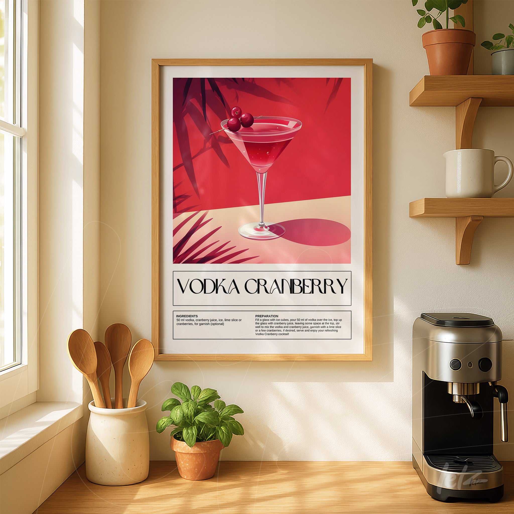 framed art print of vodka cranberry cocktail featuring a clear glass on a red background with palm leaf details